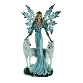 Everspring Import Co. - Ice Fairy Standing With Winter White Wolves Statue - Blue