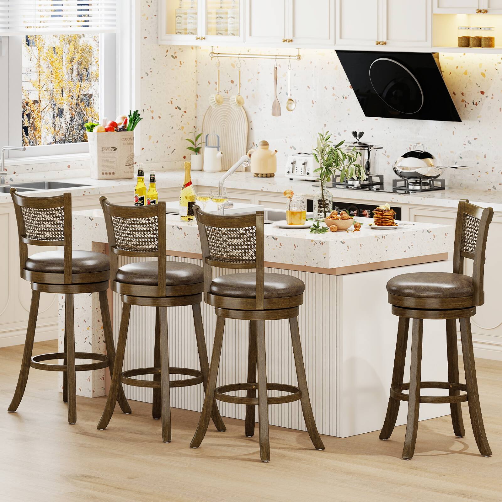 Alt View 1. Gymax - Gymax Set of 4 Bar Stools 30'' Swivel Bar Chairs w/ PE Rattan Backrest Bar Height - Brown.