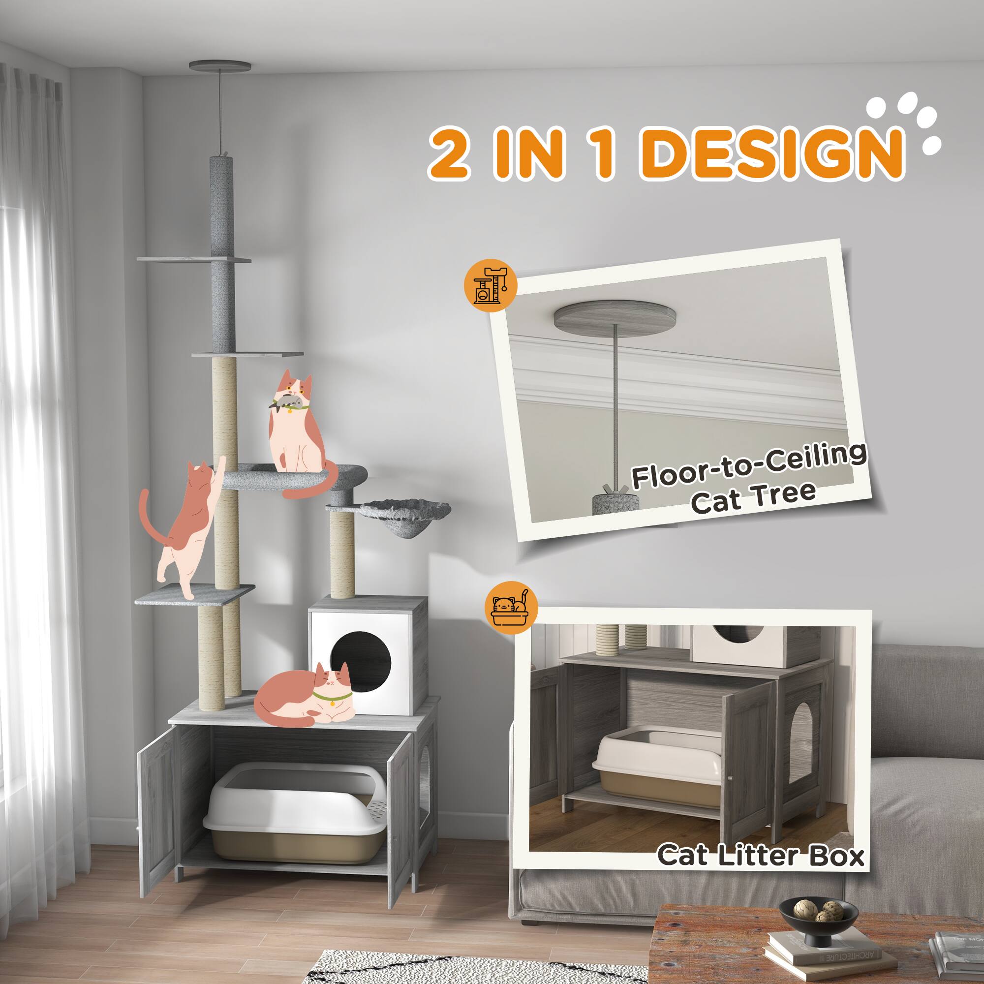 2 IN 1 DESIGN

Floor-to-Ceiling Cat Tree

Cat Litter Box