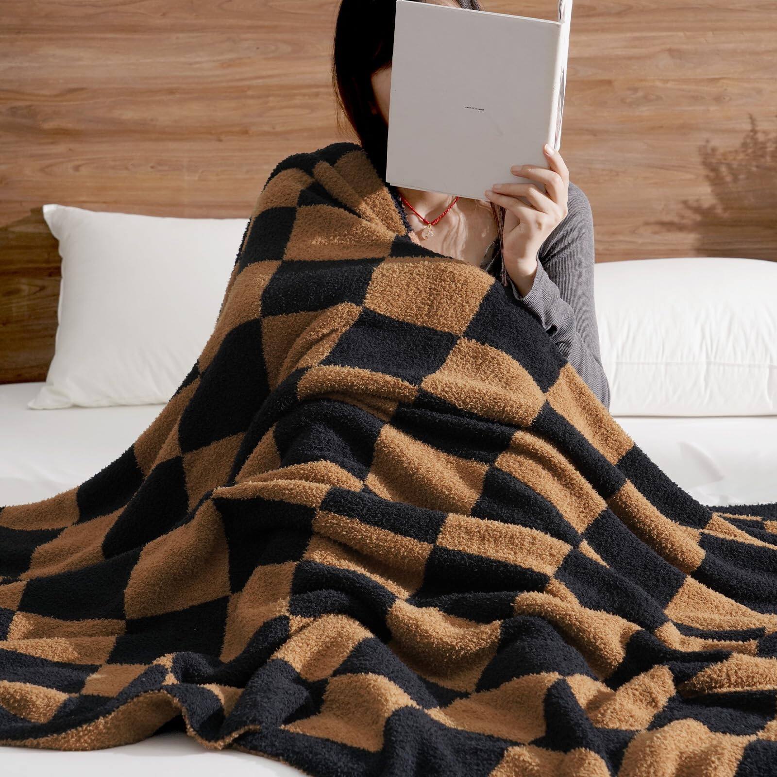 Alt View 3. Paradigms Interiors - Checkered Throw Blanket For Couch Soft Knit Fluffy Checkerboard Fleece Cozy Lightweight Bed Sofa 50 X 60 - Black Brown-Twin(60x80).