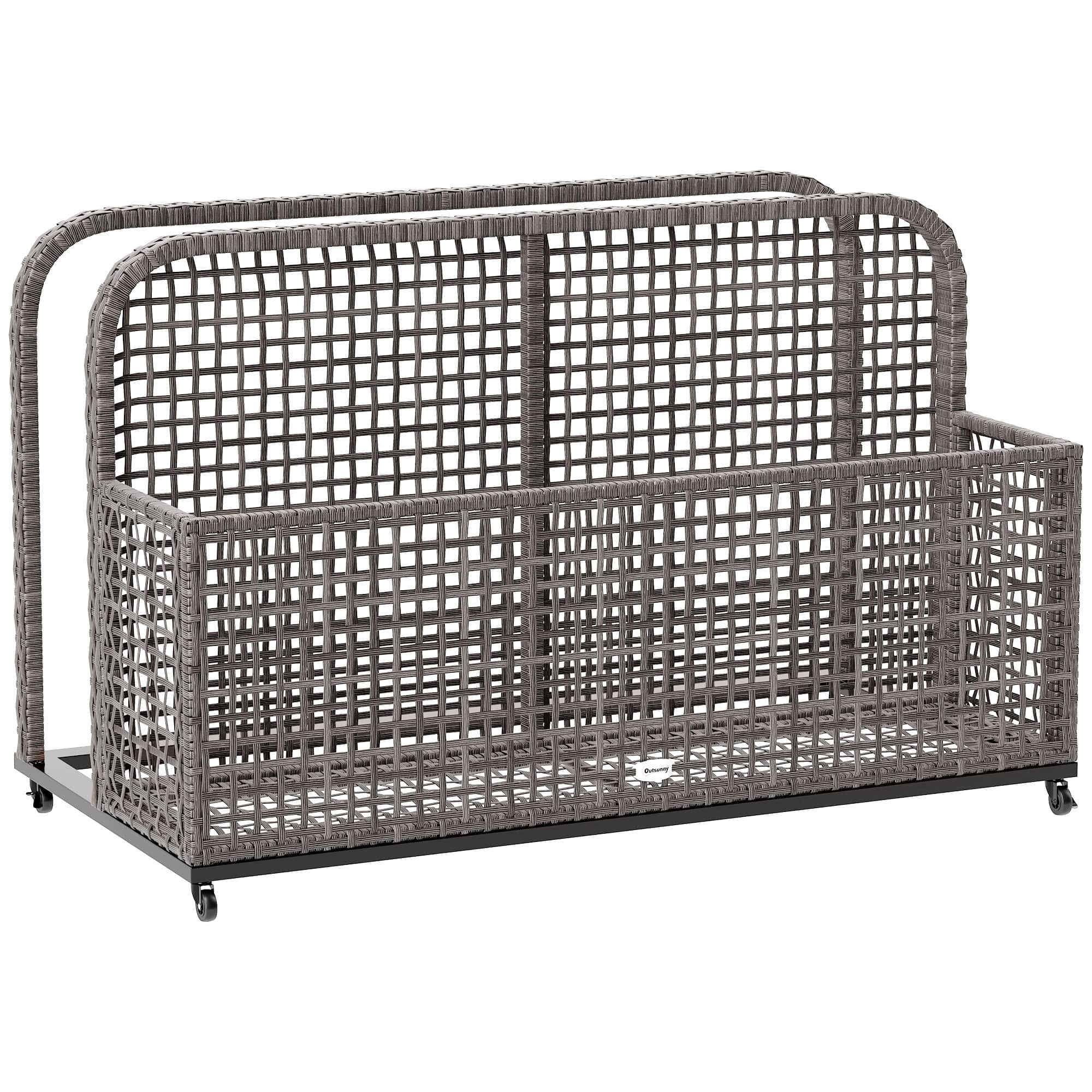 Outsunny - Patio Wicker Pool Float Storage with Wheels, Outdoor Rolling PE Rattan Pool Caddy, Includes Compartment and Basket - Light Gray