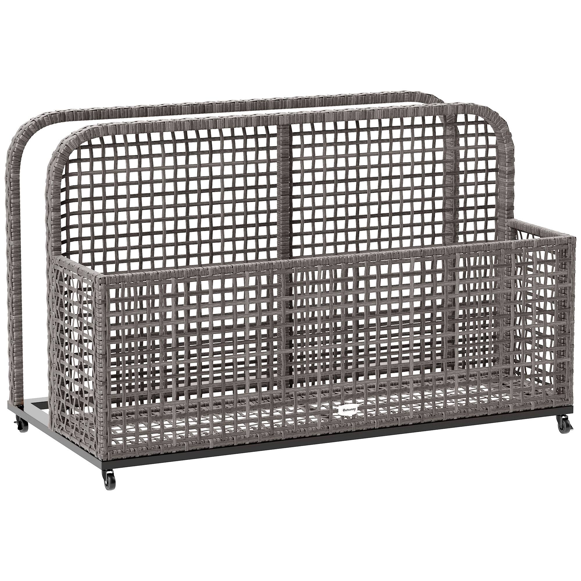 Front. Outsunny - Patio Wicker Pool Float Storage with Wheels, Outdoor Rolling PE Rattan Pool Caddy, Includes Compartment and Basket - Light Gray.