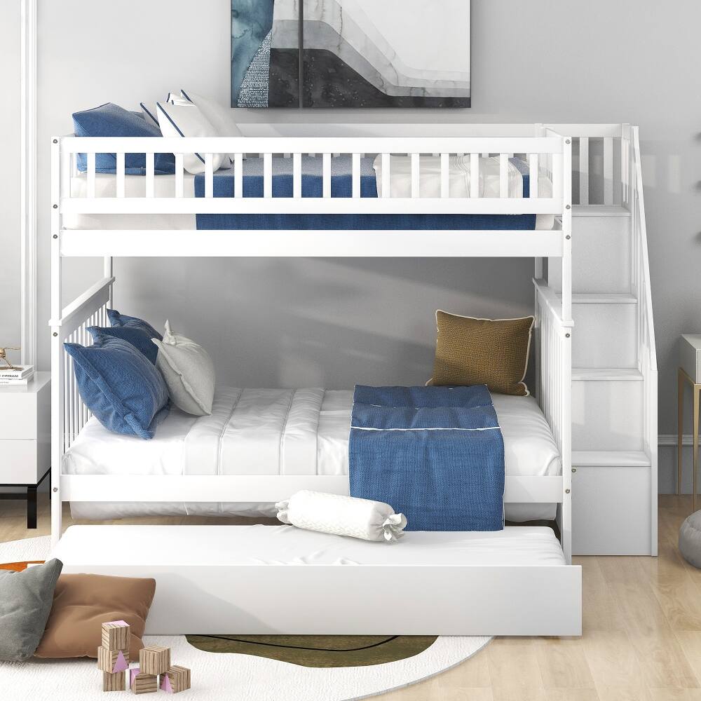 Left. Loheer - Loheer Full Over Full Bunk Bed with Trundle and Stairs, White Solid Wood 3 in 1 Bunk Bed - White.