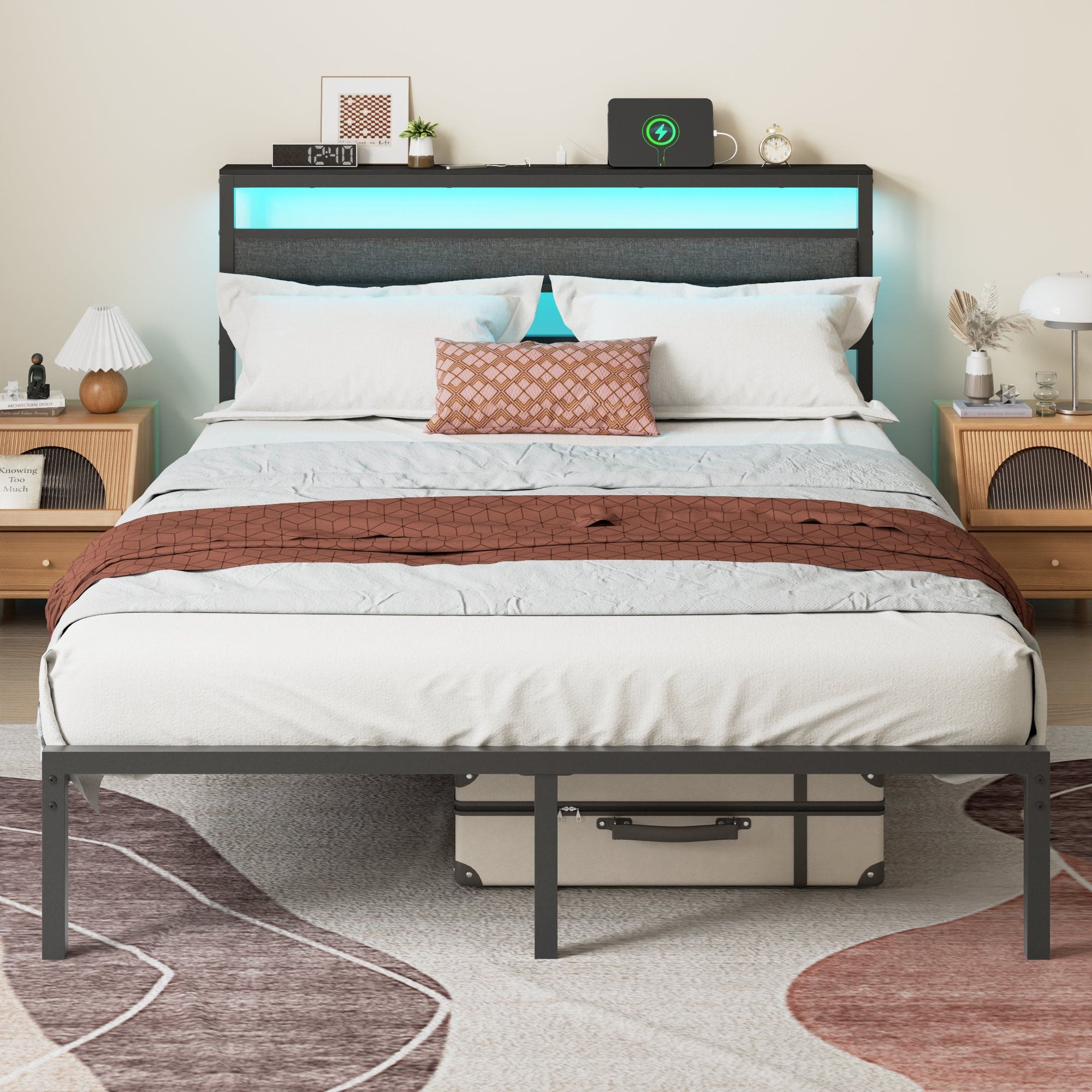 Furnulem - Bed Frame with LED Light and Charging Station Metal Frame with Upholstered Headboard Large Storage Space - Black