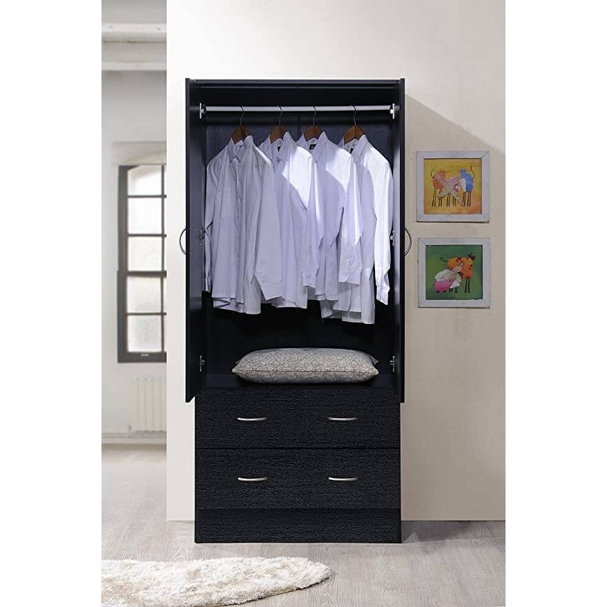 Angle. SlickBlue - 2-Door Wardrobe Armoire with Hanging Rod, 2 Drawers, and Storage Space - Black.