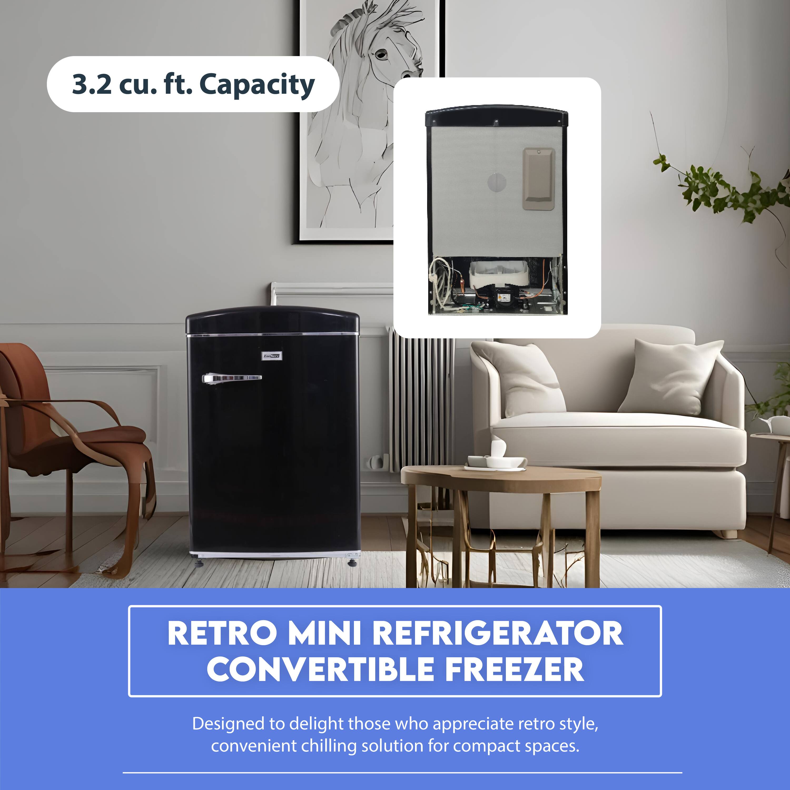 3.2 cu. ft. Capacity

RETRO MINI REFRIGERATOR CONVERTIBLE FREEZER

Designed to delight those who appreciate retro style, convenient chilling solution for compact spaces.