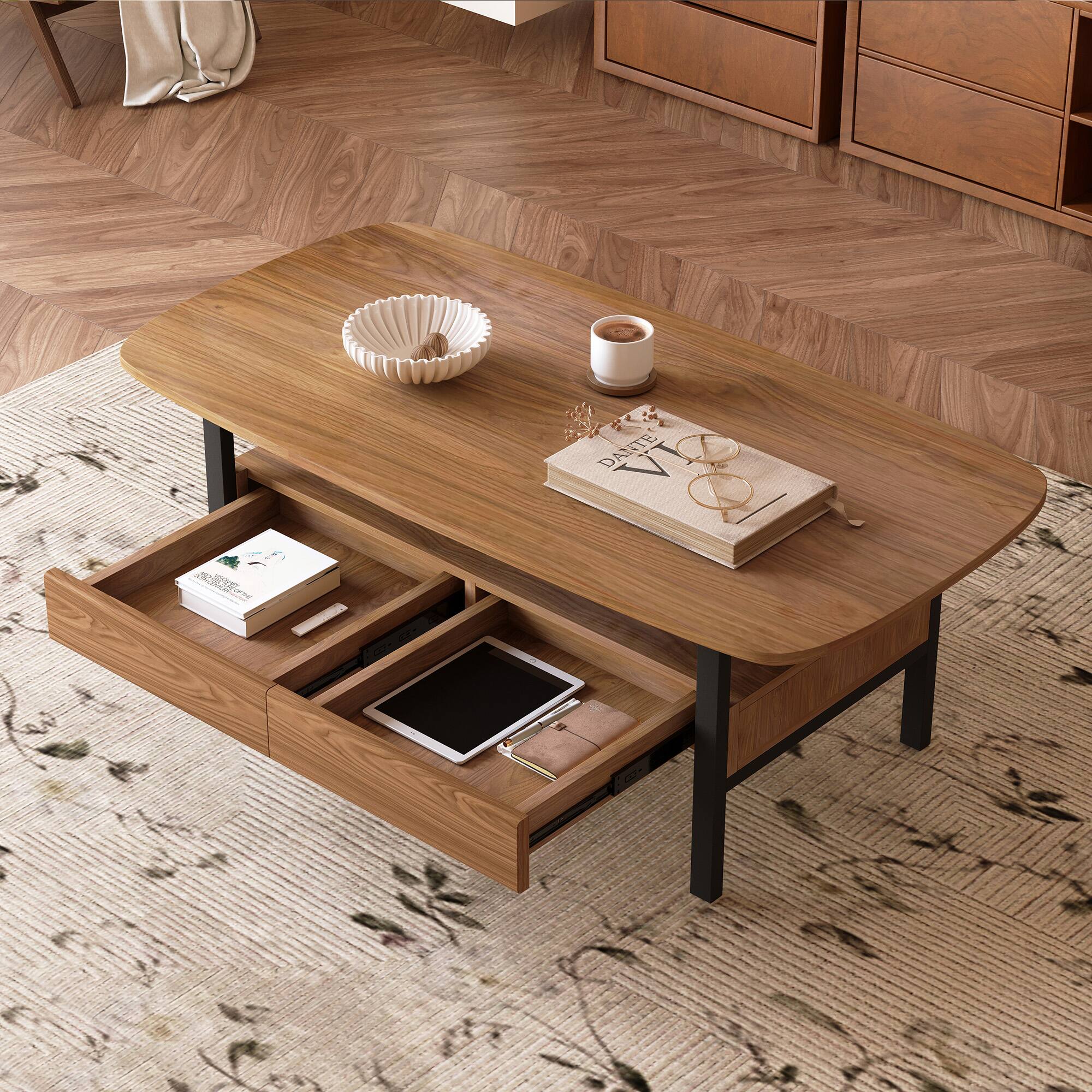 Back. luck idea - 47.2" Coffee Table with Double Drawers and Metal Legs - Walnut Color.