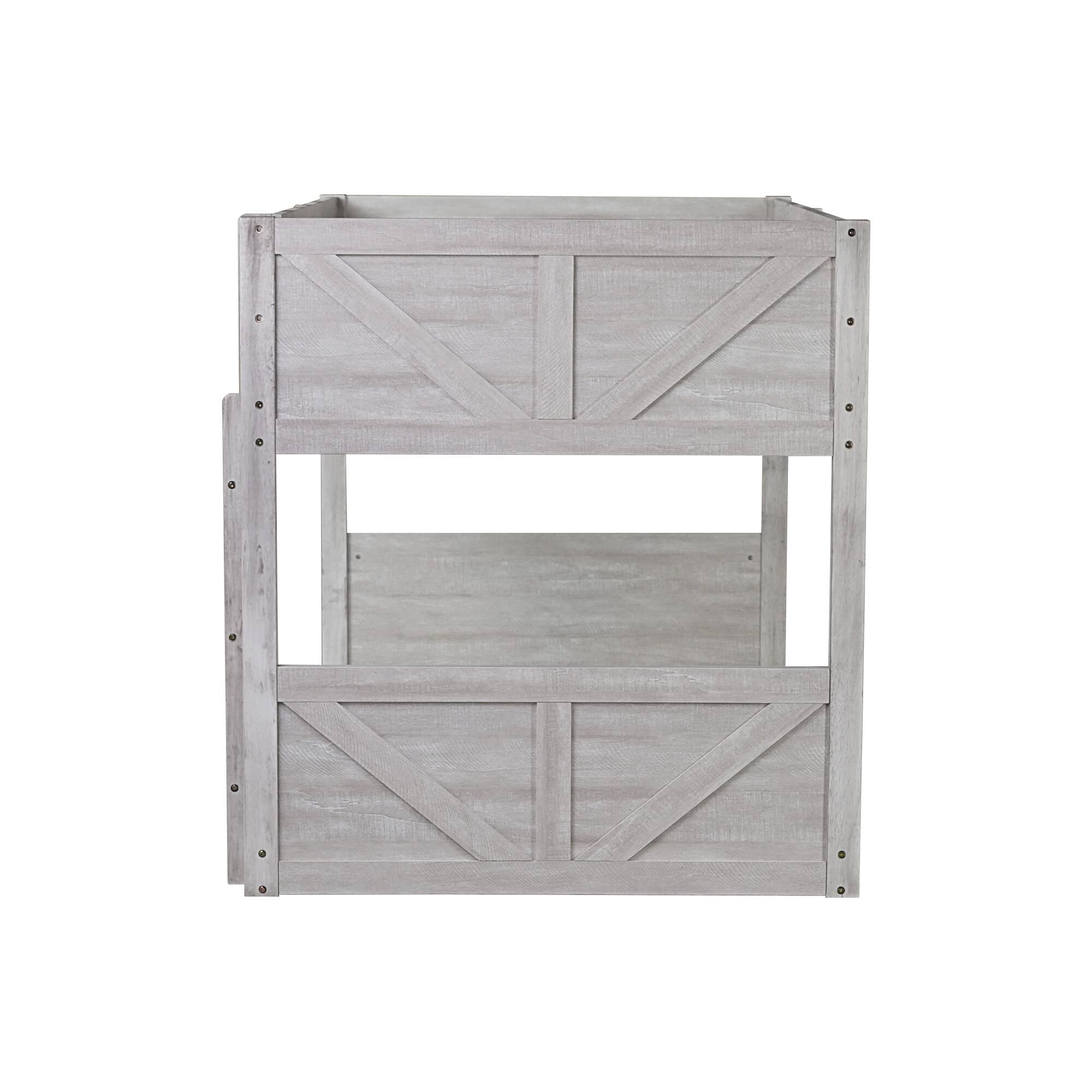 Alt View 9. GOODSILO - Solid Wood Twin Over Twin Floor Bunk Bed with Panelled Headboard and Footboard, Built-in Ladder and Safety Guardrails - Antique White.