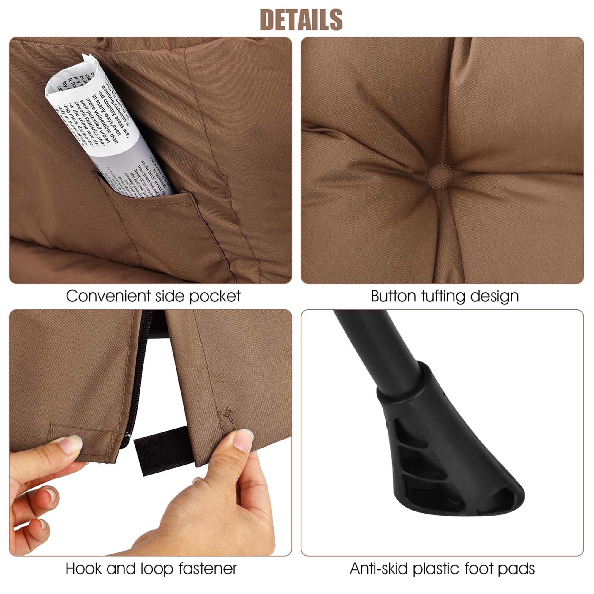 Details:
* Convenient side pocket
* Button tufting design
* Hook and loop fastener
* Anti-skid plastic foot pads