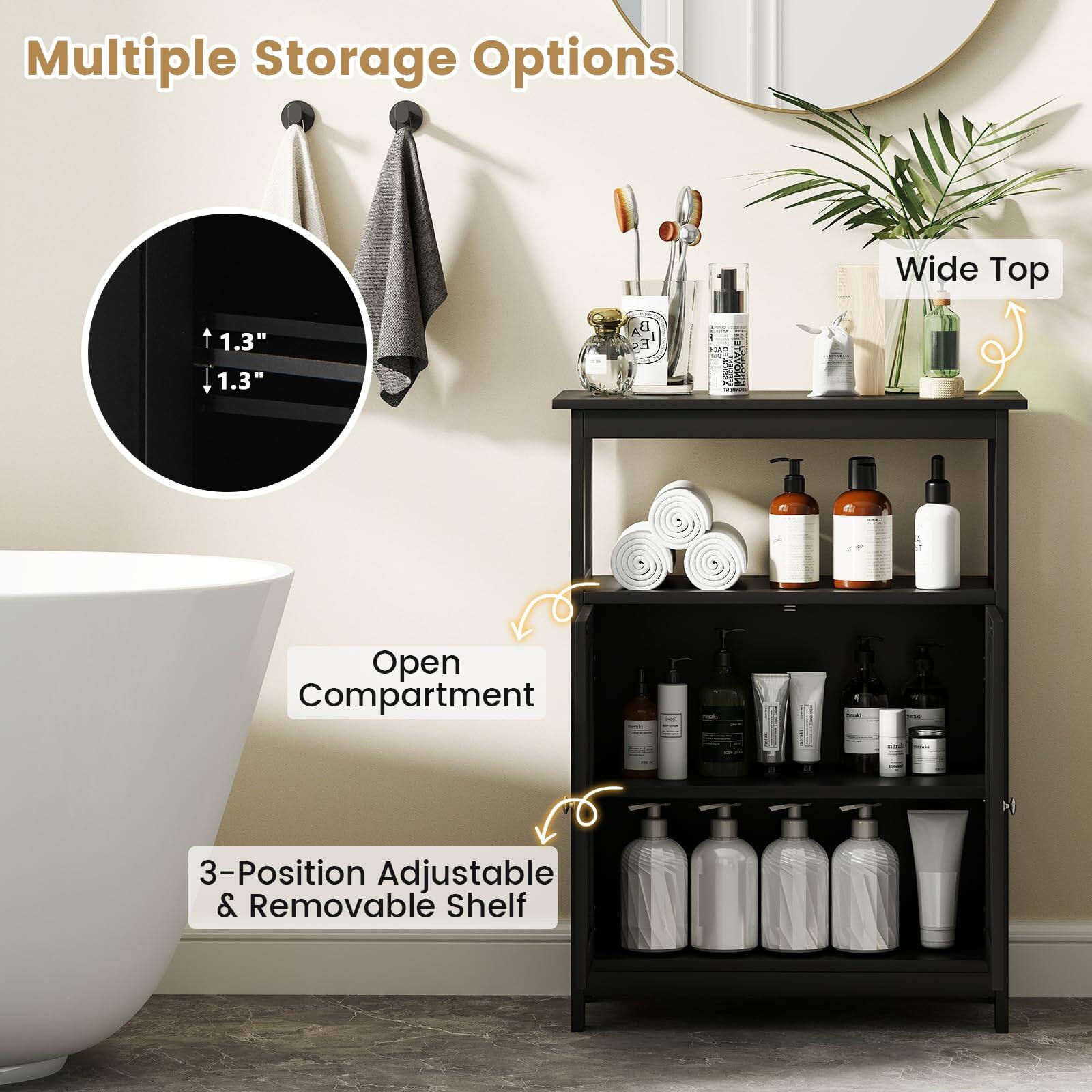 Multiple Storage Options, Wide Top, 1.3", 1.3", Open Compartment, 3-Position Adjustable & Removable Shelf