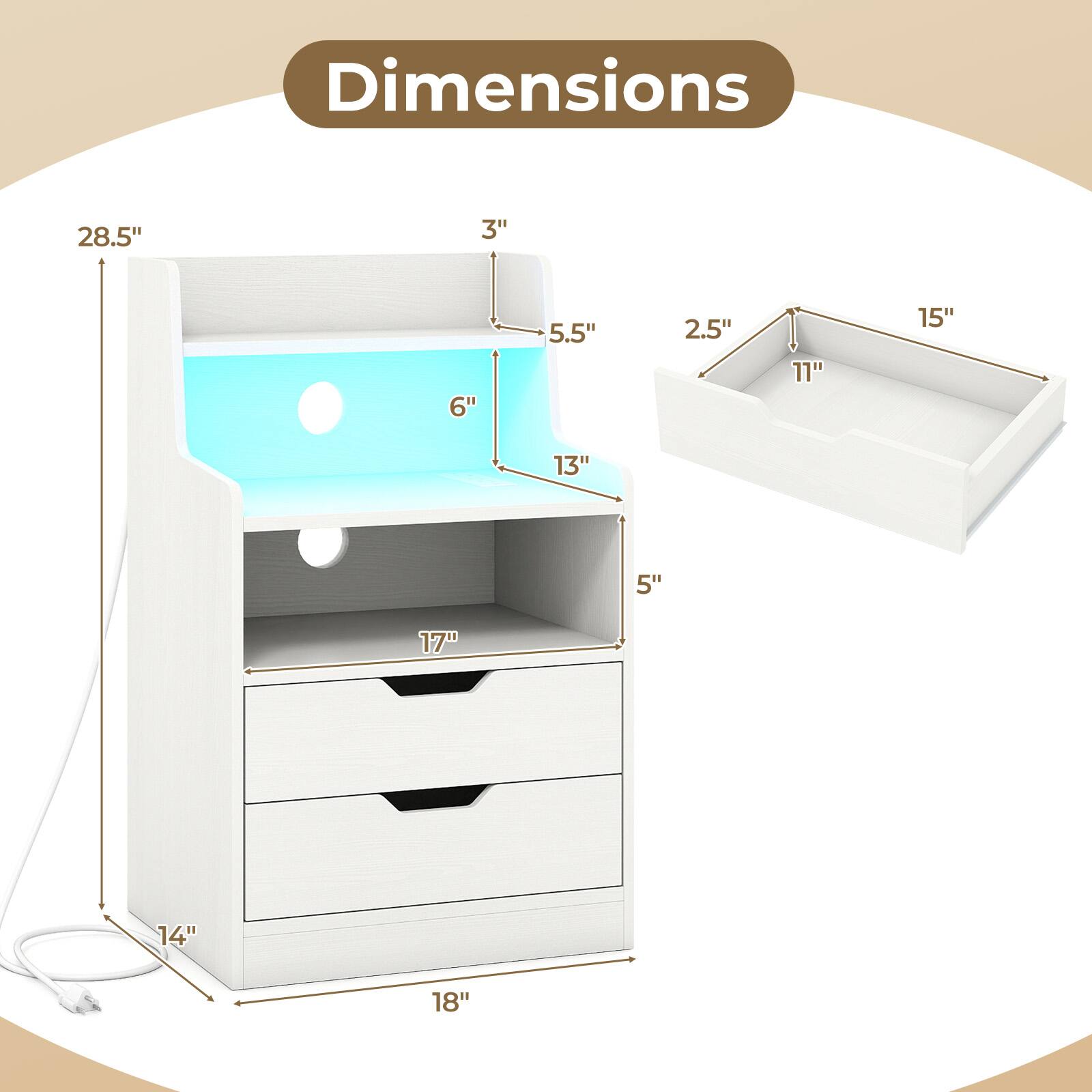 Dimensions
28.5"
3"
6"
5.5"
2.5"
11"
15"
13"
5"
17"
14"
18"