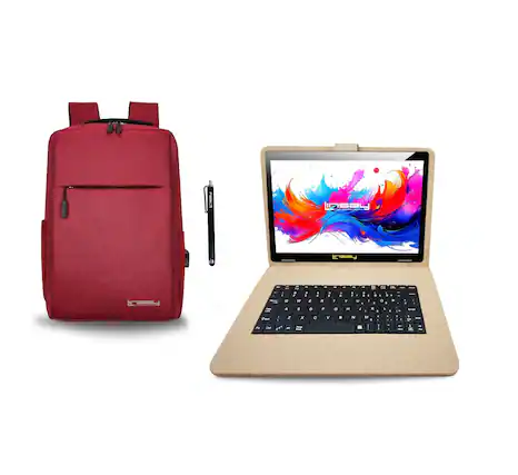 Front. LINSAY - 10.1" Octa Core 256GB Storage Android 15 with Designer Cloth Keyboard Case and Stylish Backpack and Pen Stylus - Sand.