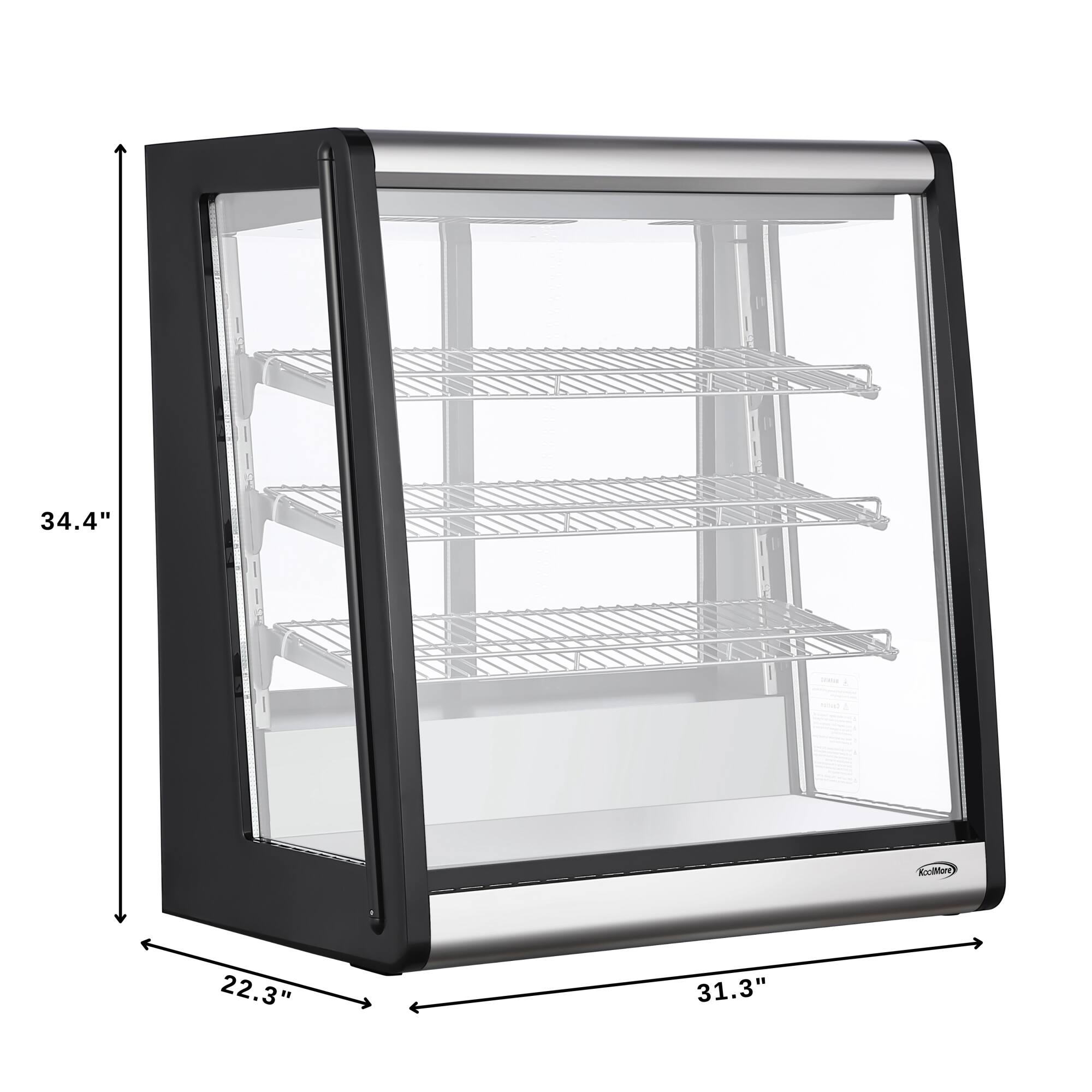 The text on the image reads "34.4" AcclMone 22.3" 31.3". This is likely a description of the dimensions of the refrigerator or freezer. The first number, "34.4", is the height of the appliance, while the second number, "22.3", is the width, and the third number, "31.3", is the depth.