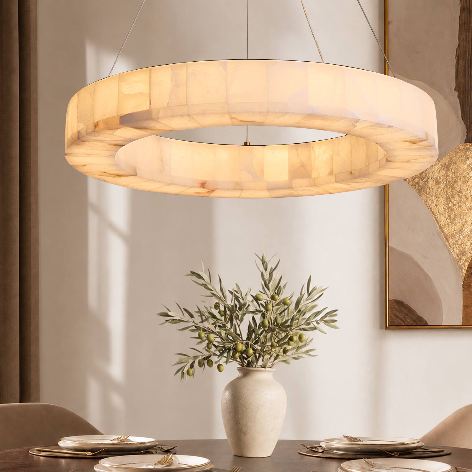 Front. Siljoy - 23.6-in Modern Gold Brass Spanish Alabaster Ring Chandelier Integrated LED Adjustable Height for Living Room Foyer - Gold Brass.