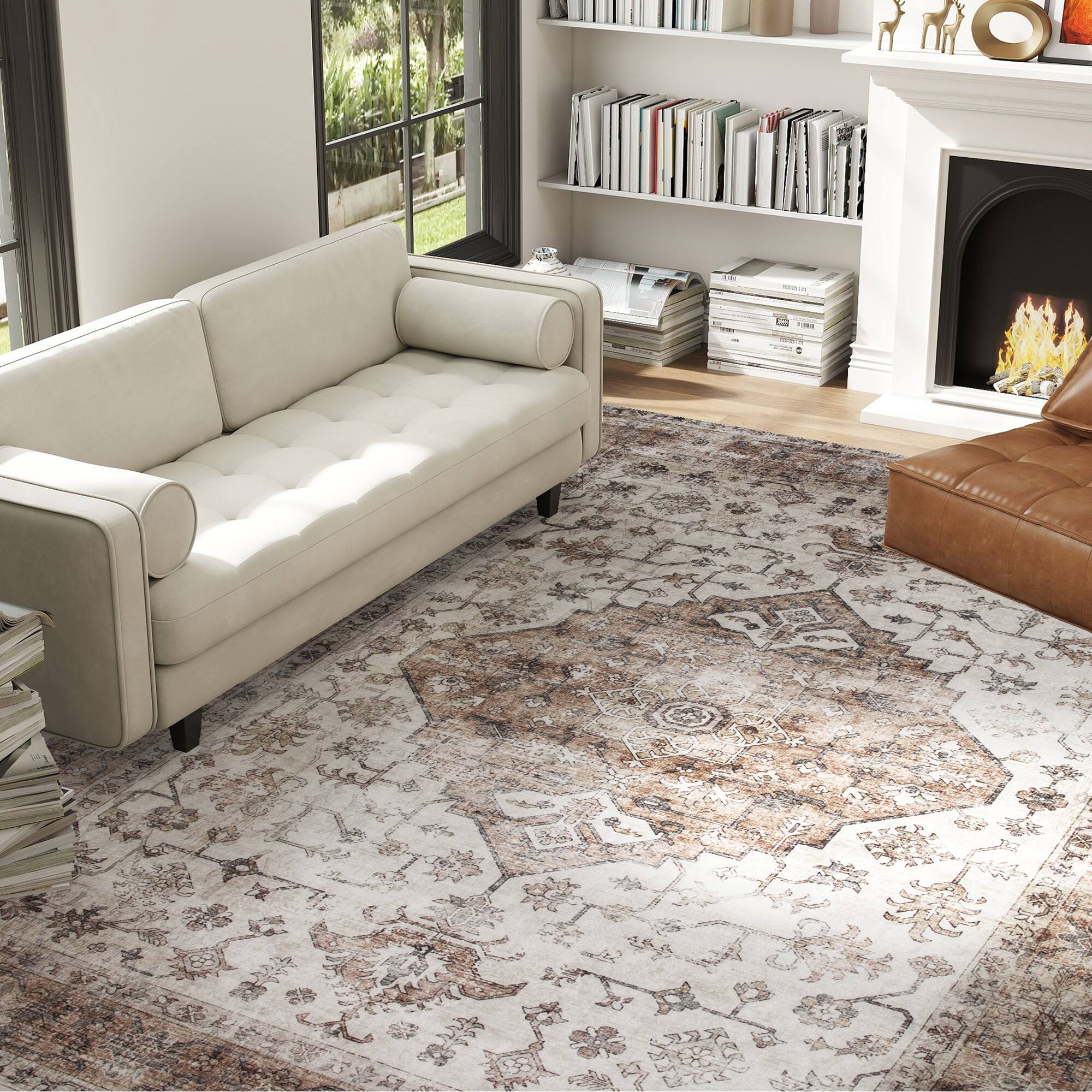 Alt View 2. Homcom - HOMCOM 8x10 Tan Rug: Vintage Mach-Wash Non-Slip Distressed Carpet, Indoor Area High Traffic - Tan.