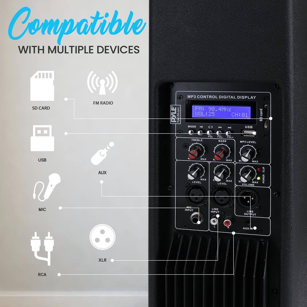 Compatible with Multiple Devices

- SD Card
- FM Radio
- USB
- AUX
- MIC
- RCA
- XLR

MP3 Control Digital Display

- FM: 90.4Mhz
- VOL: 25
- CH: 01

Controls:
- Treble
- FOL
- BASS
- MP3 Level
- USB
- AUX
- MIC
- LINE INPUT
- LINE OUTPUT
- AUX OUT
- VOLUME MAX
- POWER