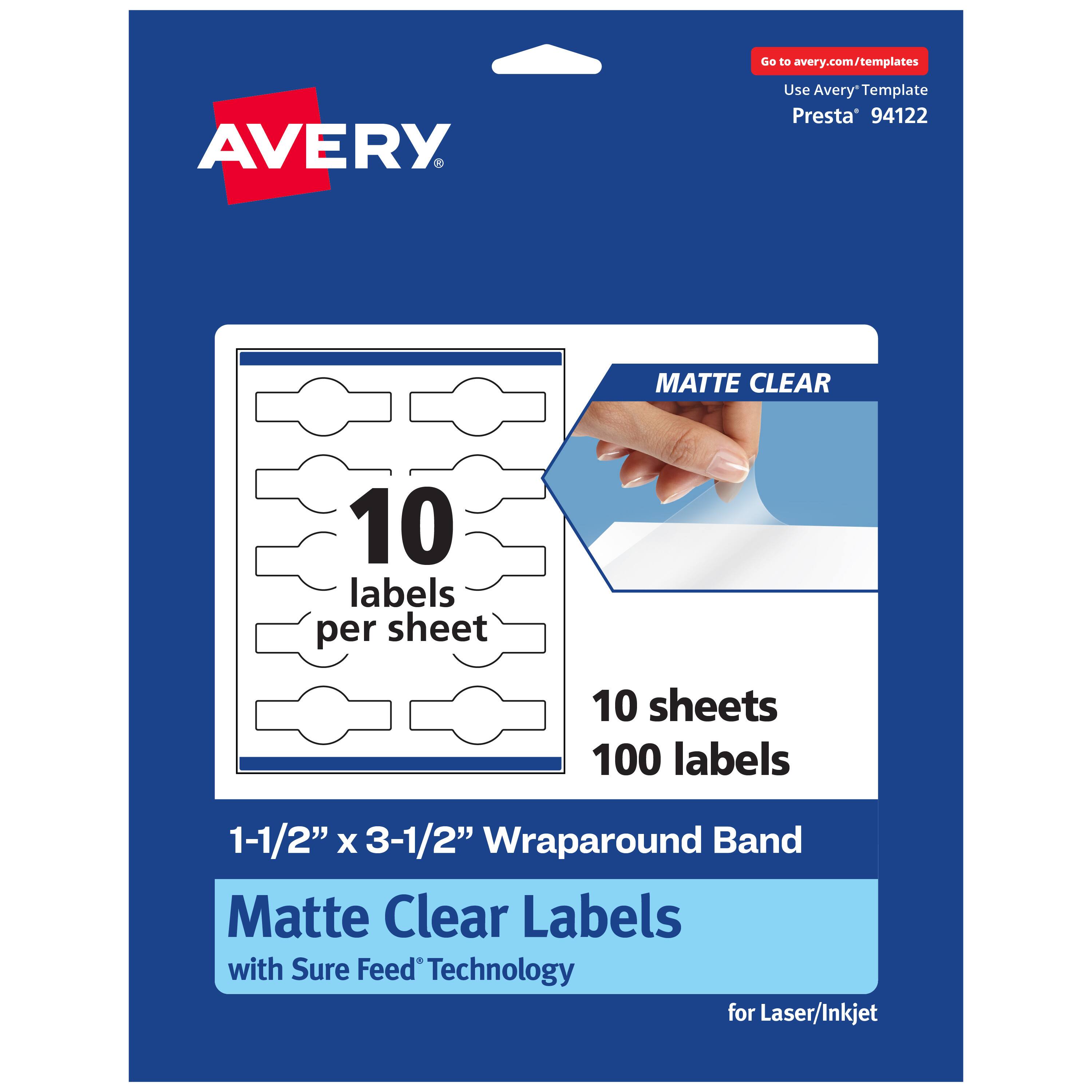 Go to avery.com/templates  
Use Avery Template Presta® 94122  

MATTE CLEAR  
10 labels per sheet  
10 sheets 100 labels  

1-1/2" x 3-1/2" Wraparound Band Matte Clear Labels with Sure Feed® Technology for Laser/Inkjet