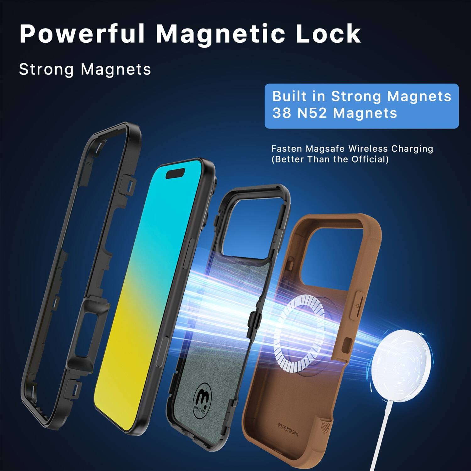 Powerful Magnetic Lock  
Strong Magnets  

Built in Strong Magnets  
38 N52 Magnets  

Fasten Magsafe Wireless Charging  
(Better Than the Official)  

P163PM-3N1