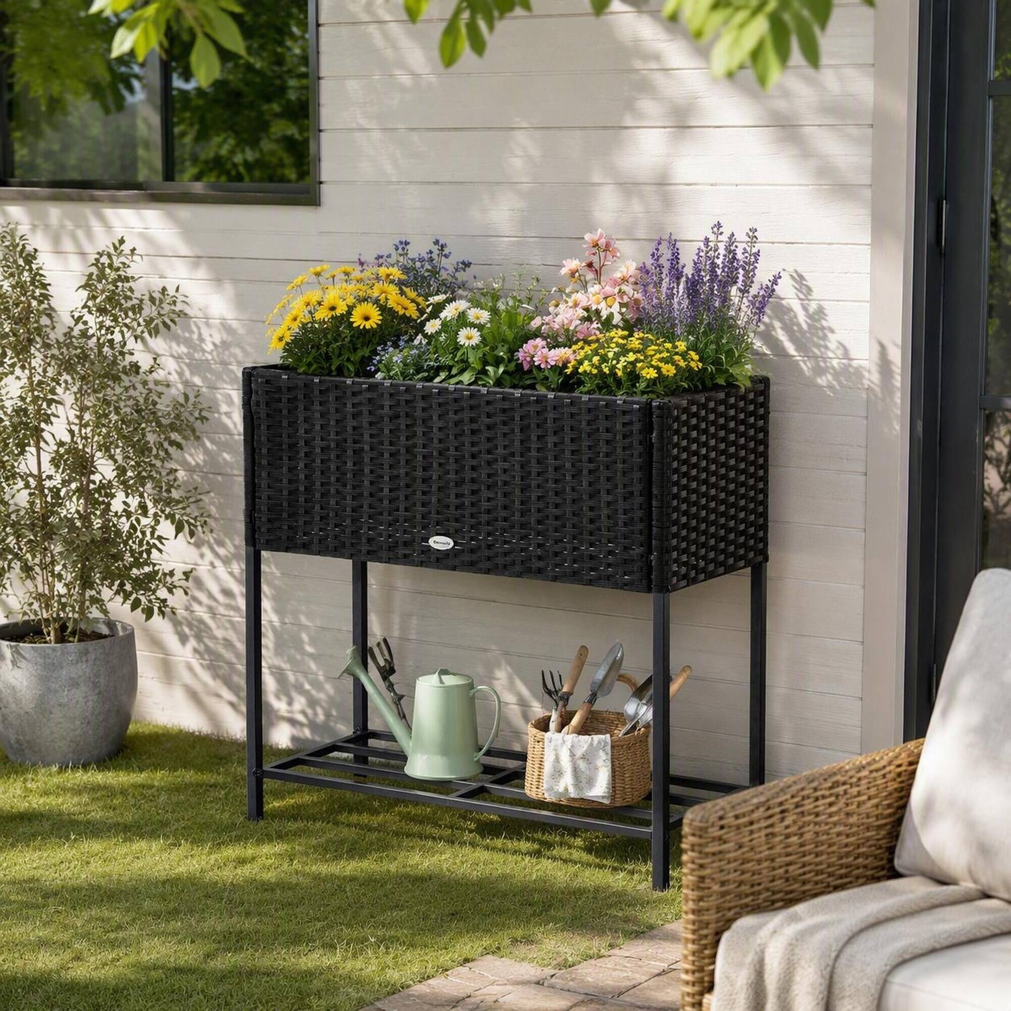 Angle. RYHNUYNE - Raised Garden Bed Planter Box with Rattan Look, Steel Frame, Storage Shelf, Portable for Herbs Vegetables Flowers - Black.