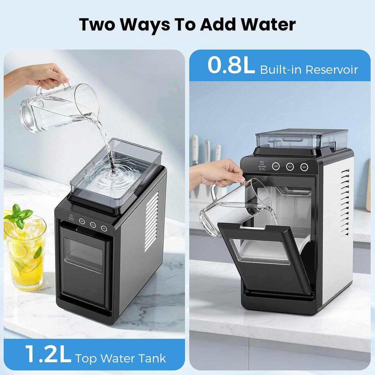 Two Ways To Add Water

0.8L Built-in Reservoir

1.2L Top Water Tank