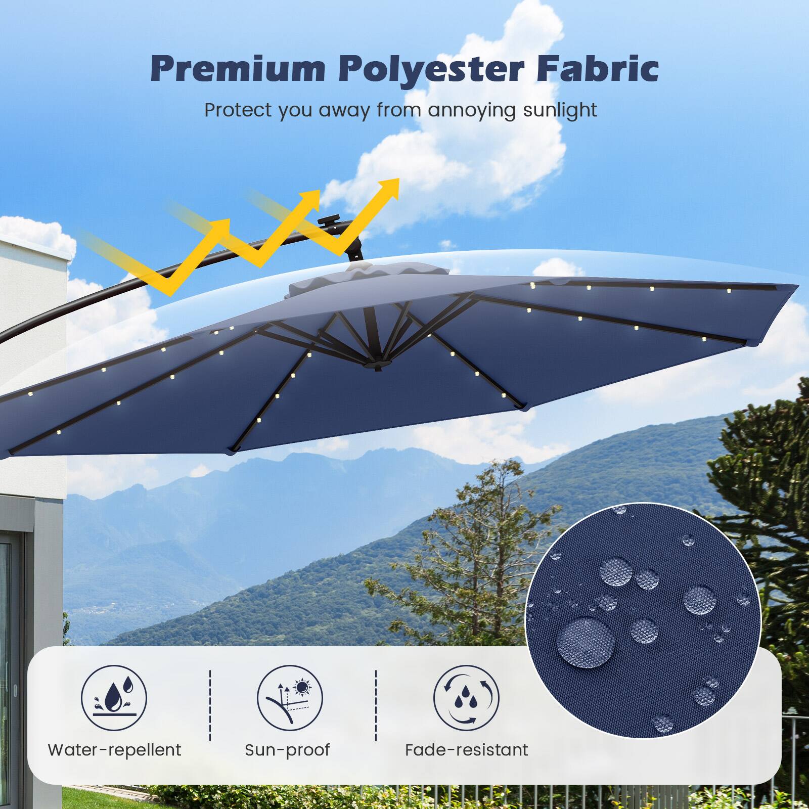 Premium Polyester Fabric  
Protect you away from annoying sunlight  

Water-repellent  
Sun-proof  
Fade-resistant