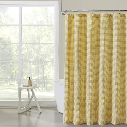 Front. Kate Aurora - Hotel Collection Premium Waffle Weave Fabric Shower Curtain by Kate Aurora - Ochre/Yellow - Ochre/Yellow.