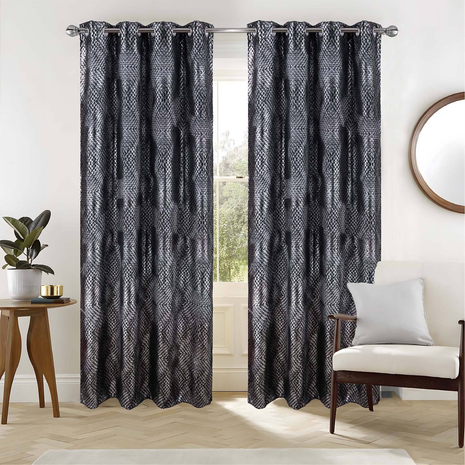 Angle. RT Designers Collection - RT Designer Collection Hailey Halo Foil Blackout Grommet Curtain Panel 52" x 90" Black - Black.