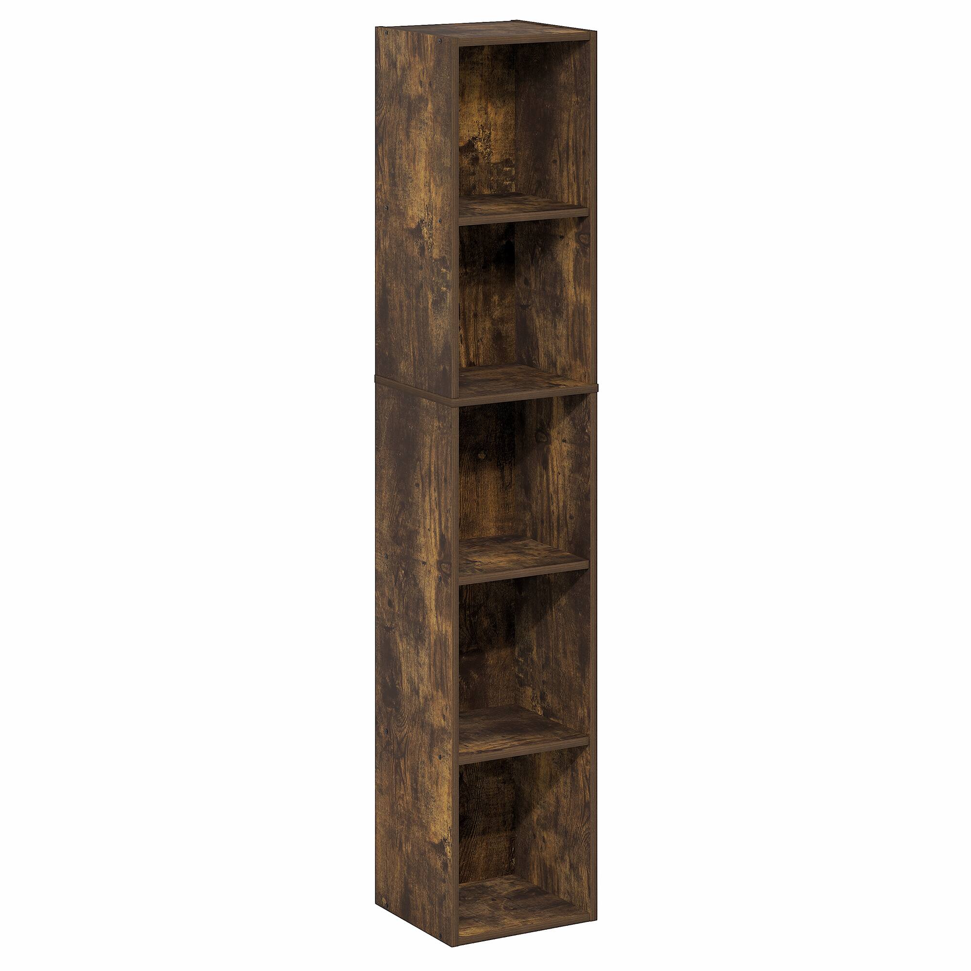 Alt View 4. Furinno - FULDA Book Shelf, 5-Tier Tall Narrow Bookshelf, Standing Bookcase with 10-In Width Storage Shelf, 9.3 x 9.8 x 51.9 - Amber Pine.