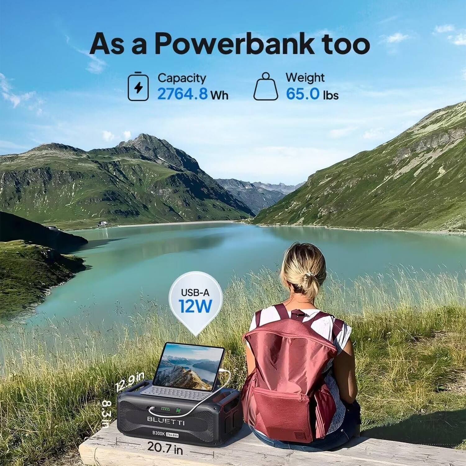 As a Powerbank too  
Capacity: 2764.8 Wh  
Weight: 65.0 lbs  
USB-A 12W  
Dimensions: 12.9in x 8.3in x 20.7in  
BLUETTI T18 3000K