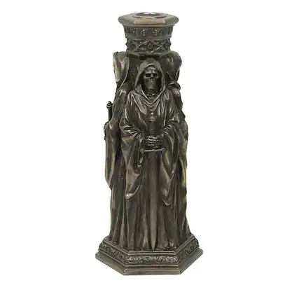 Front. Veronese Design - The Deaths Macabre Triple Skeleton Grim Reaper Single Taper Candle Holder - Bronze.