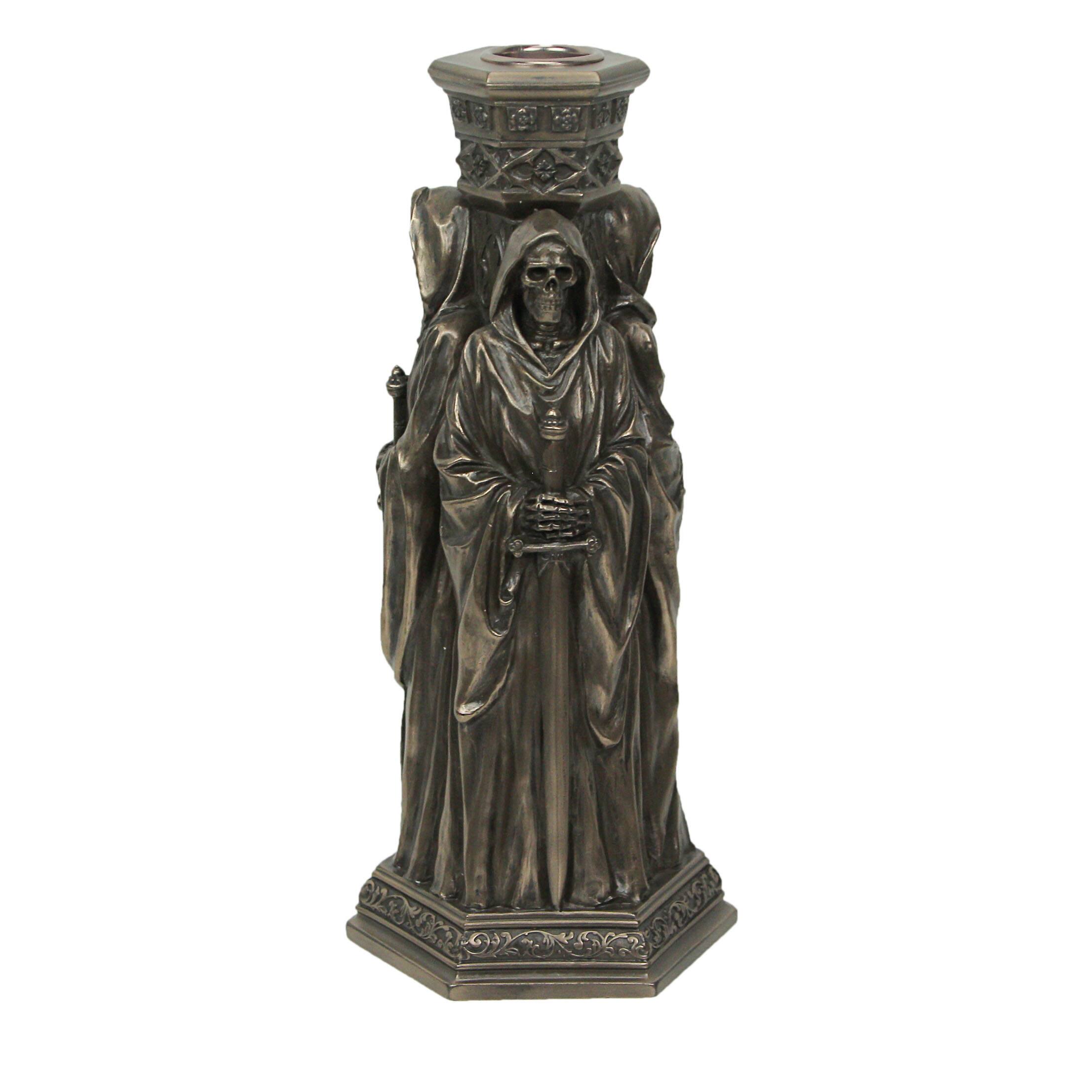 Front. Veronese Design - The Deaths Macabre Triple Skeleton Grim Reaper Single Taper Candle Holder - Bronze.