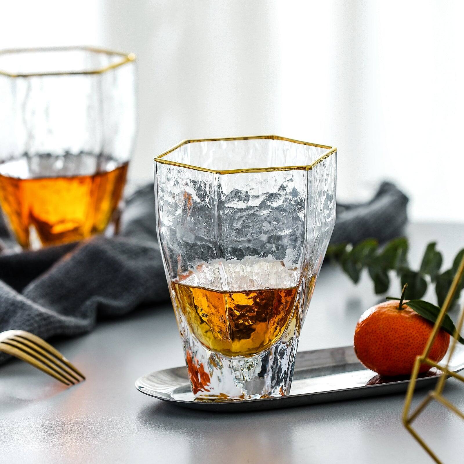 Back. BreeBe - Gold Rimmed Hammer Hexagon Glass (set of 4) - Clear.