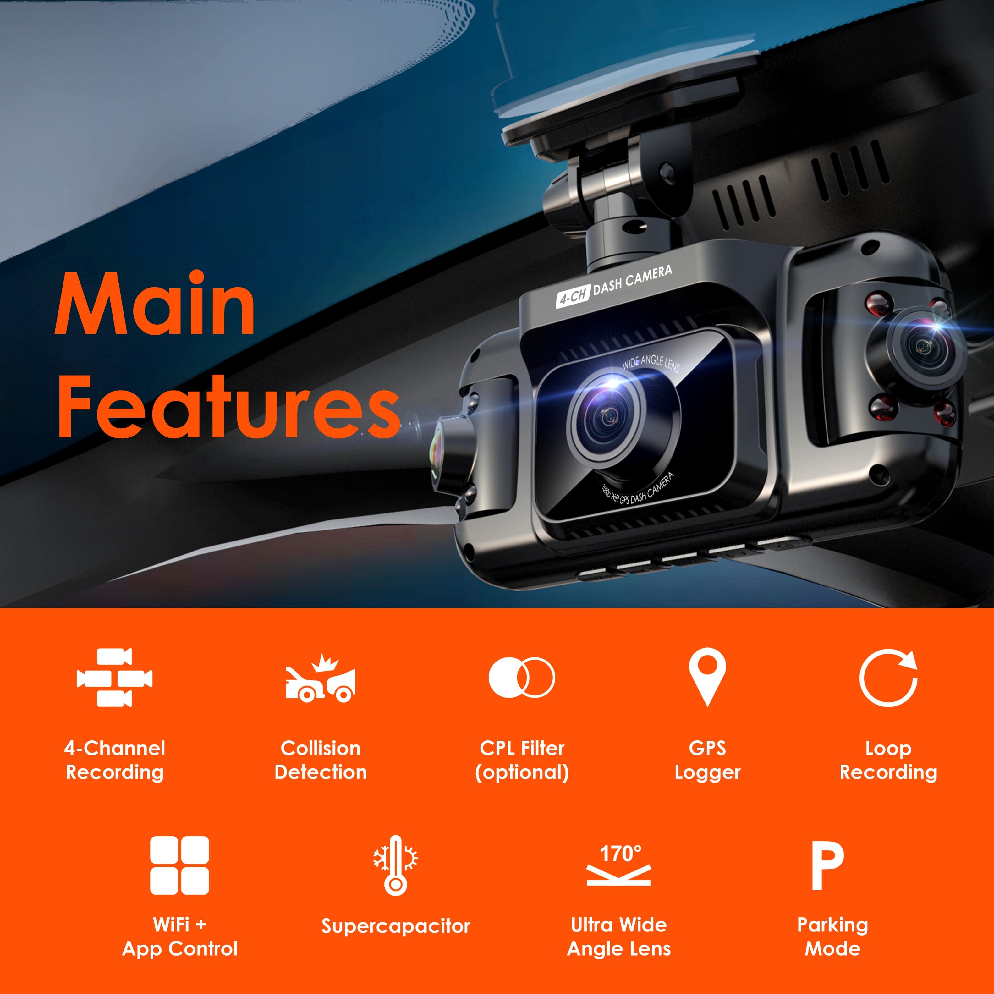 Main Features of the DASH CAMERA:
1. 4-Channel Recording: Capture multiple angles simultaneously.
2. Collision Detection: Detects impacts and automatically saves footage.
3. CPL Filter (optional): Reduces glare and reflections.
4. GPS Logger: Tracks location and speed.
5. Loop Recording: Continuously records and overwrites old footage.
6. WiFi + App Control: Access and control the camera remotely.
7. Supercapacitor: Longer battery life and quicker start-up.
8. 170 Ultra Wide Angle Lens: Captures a wider field of view.
9. Parking Mode: Automatically records when the vehicle is parked.