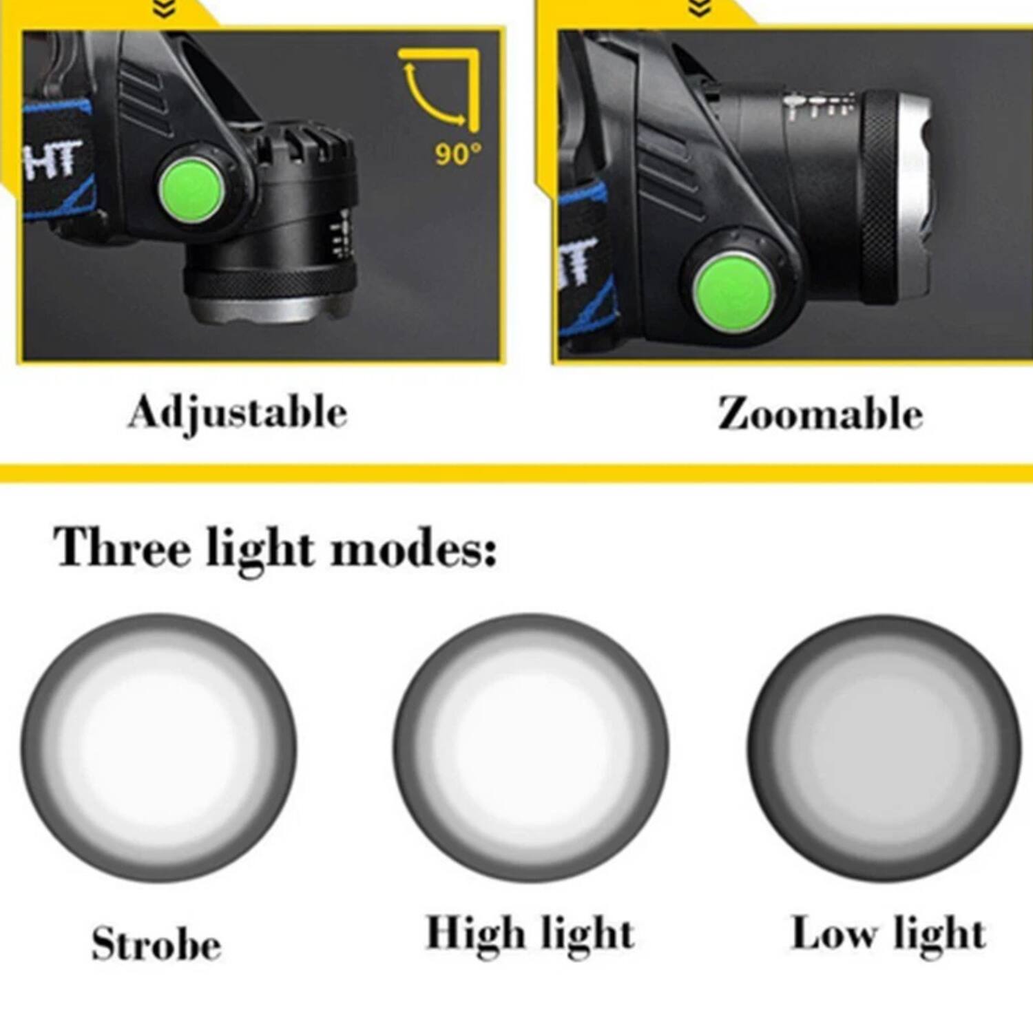 HT 90° T Adjustable Zoomable

Three light modes:
- Strobe
- High light
- Low light