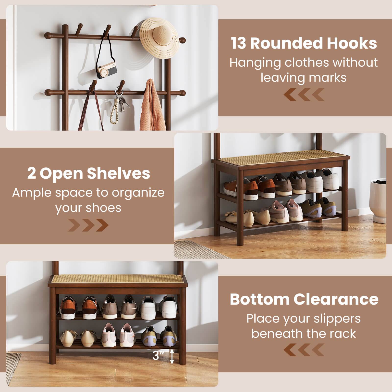 1. 13 Rounded Hooks  
   Hanging clothes without leaving marks

2. 2 Open Shelves  
   Ample space to organize your shoes

3. Bottom Clearance  
   Place your slippers beneath the rack