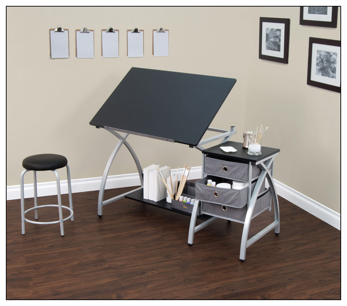 Photo 1 of 2 Piece Comet Art, Hobby, Drawing, Drafting, Craft Table with 36"W x 23.75"D Angle Adjustable Top and Stool in Silver/Black, Assembled Dimensions: 50" W x x 29.5" H
