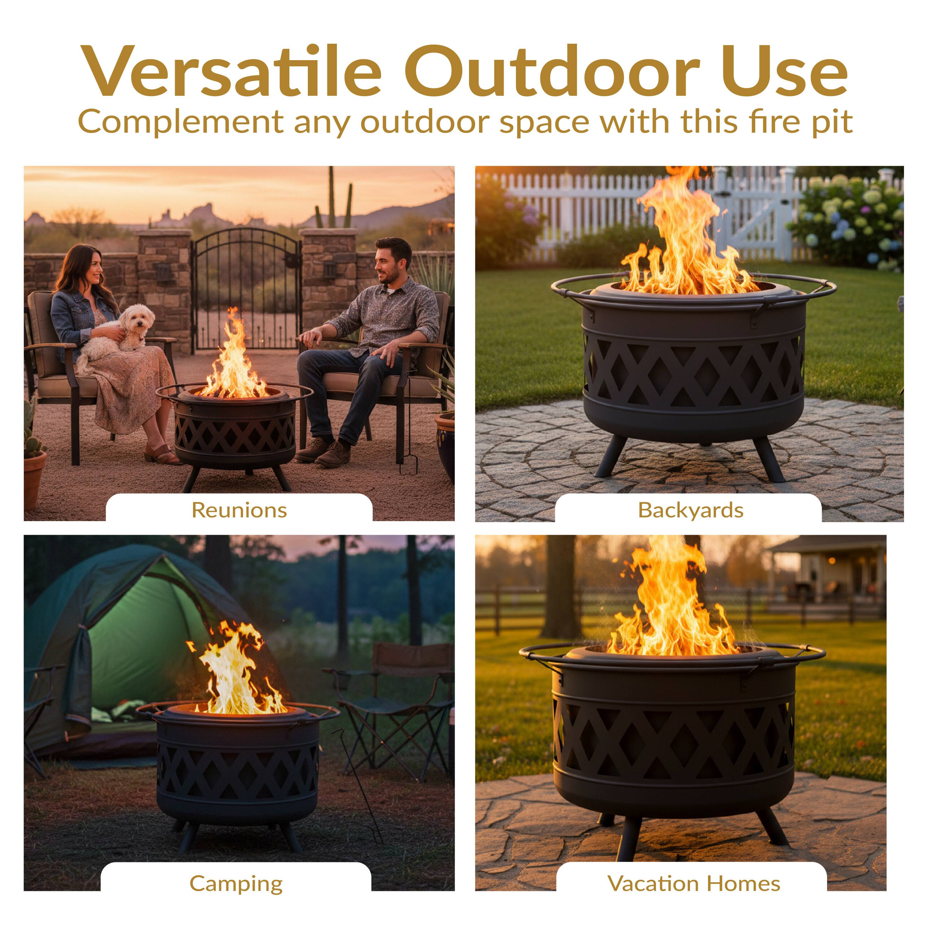 Versatile Outdoor Use  
Complement any outdoor space with this fire pit  

- Reunions  
- Backyards  
- Camping  
- Vacation Homes