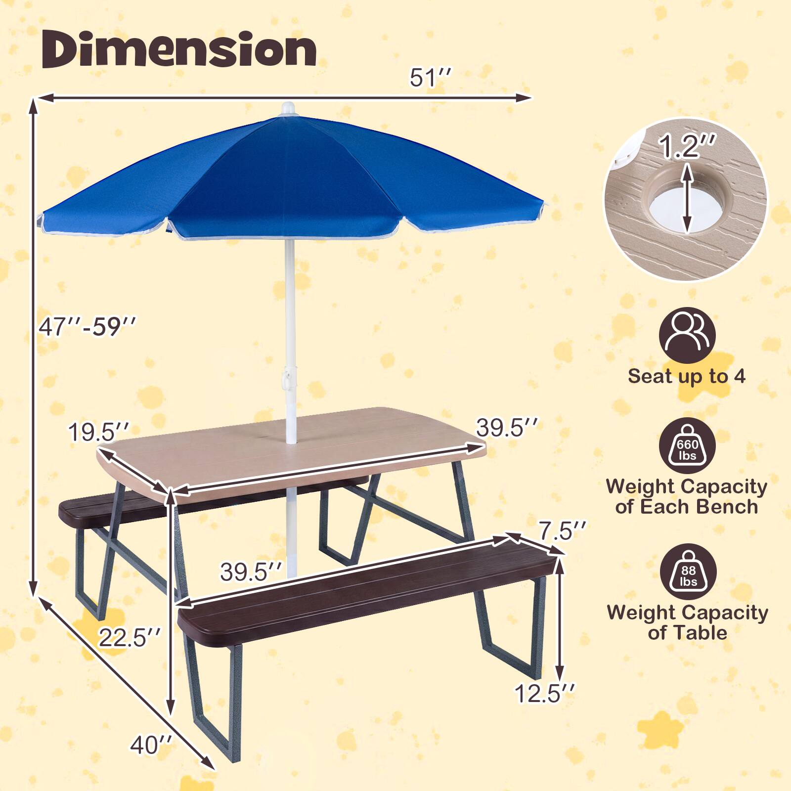 Dimension  
51"  
1.2"  
47"-59"  
Seat up to 4  
19.5"  
39.5"  
660 lbs  
22.5"  
39.5"  
Weight Capacity of Each Bench: 88 lbs  
Weight Capacity of Table: 40"