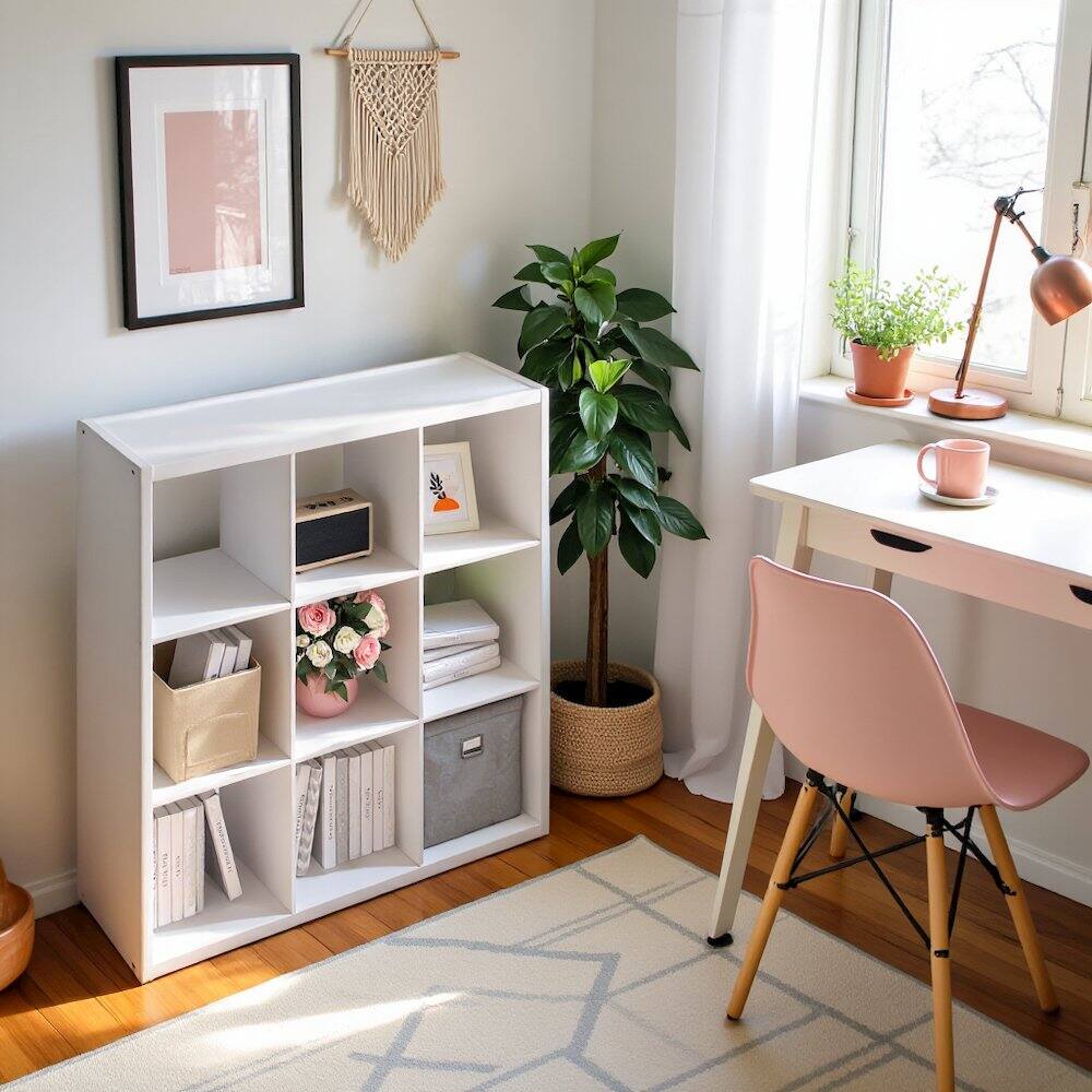 Left. FurniFact - White Engineered Wood 9 Cube Storage Organizer with Open Back Modern Design - White.