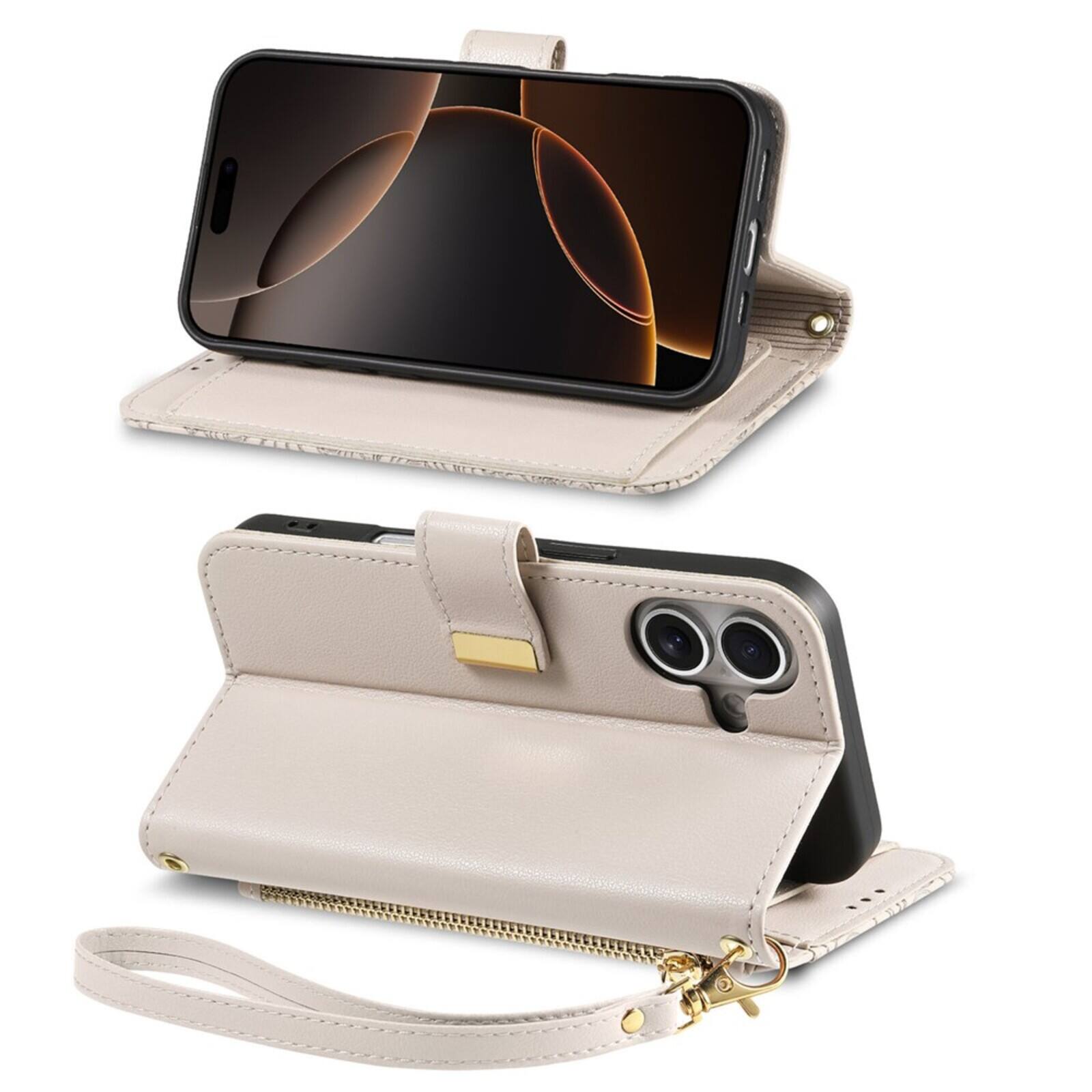 Alt View 10. UUCOVER - Floral PU Leather Wallet Case for Apple iPhone 17 with Zipper Pocket, Card Slots,Shoulder & Wrist Strap, Stand Cover - Beige.