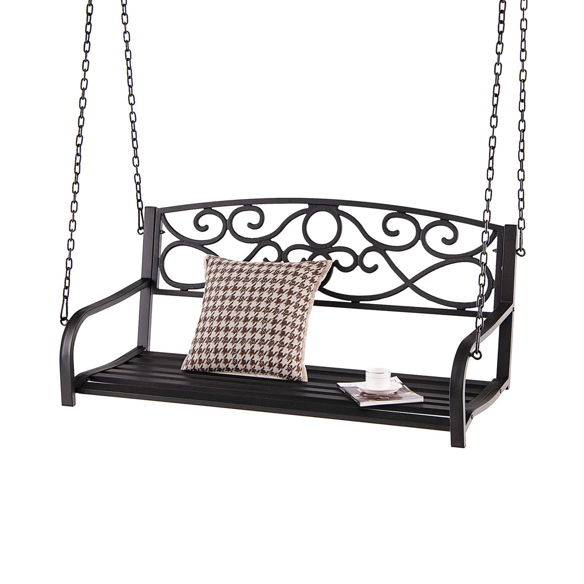 Alt View 1. Gymax - Gymax Patio Hanging Porch Swing Outdoor 2-Person Metal Swing Bench Chair w/ Chains Brown - Brown.