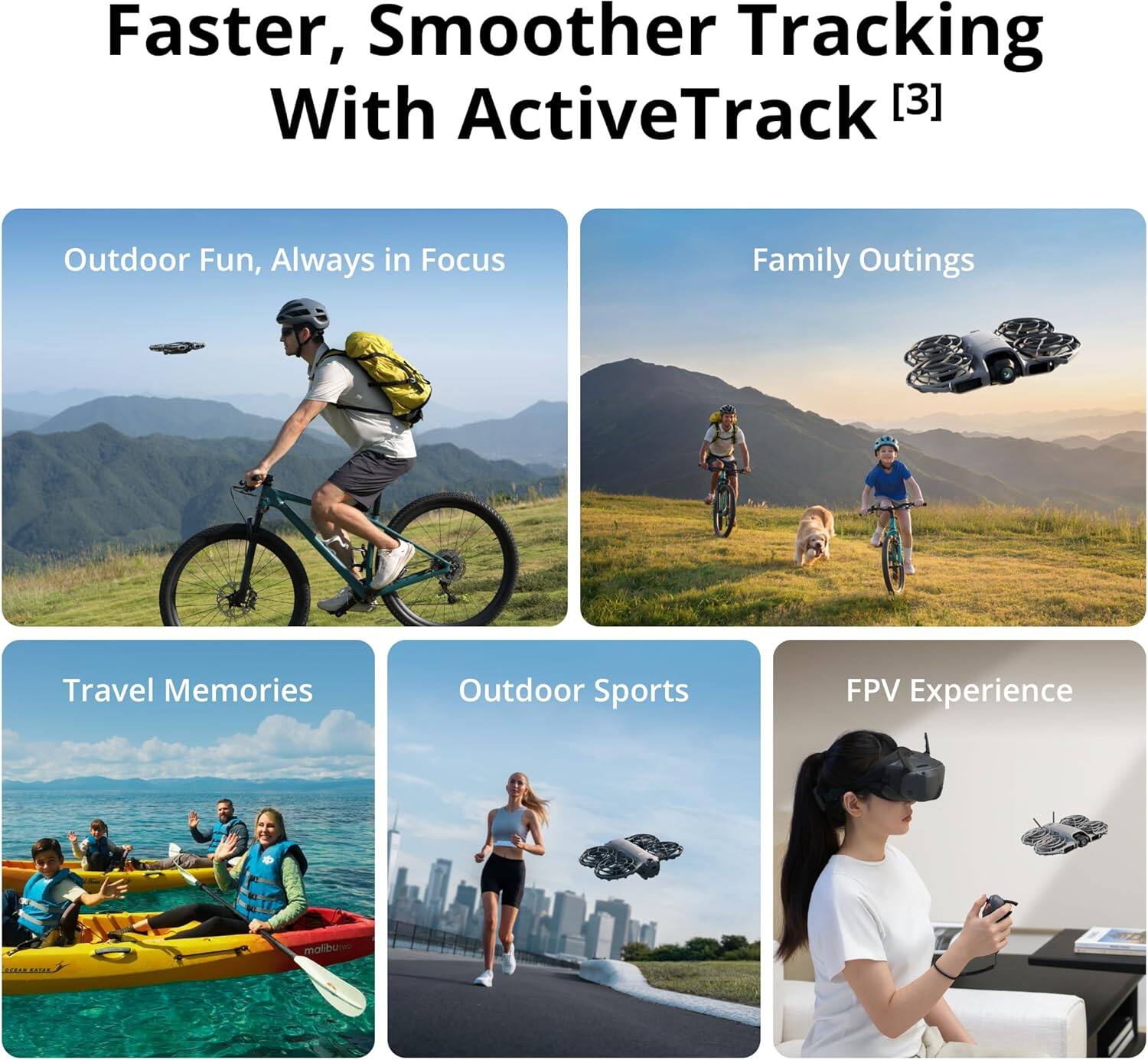 Faster, Smoother Tracking With ActiveTrack [3]

- Outdoor Fun, Always in Focus
- Family Outings
- Travel Memories
- Outdoor Sports
- FPV Experience