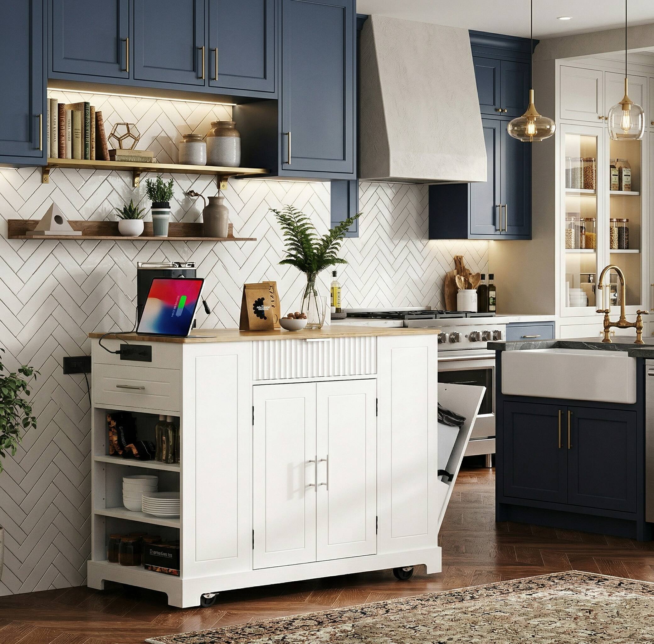 Left. Forest'nSky - Fluted Rolling Kitchen Island with Trash Can Cabinet, Power Outlet, 3 Drawers & Open Side Racks for 10-Gallon Bin, White - White.