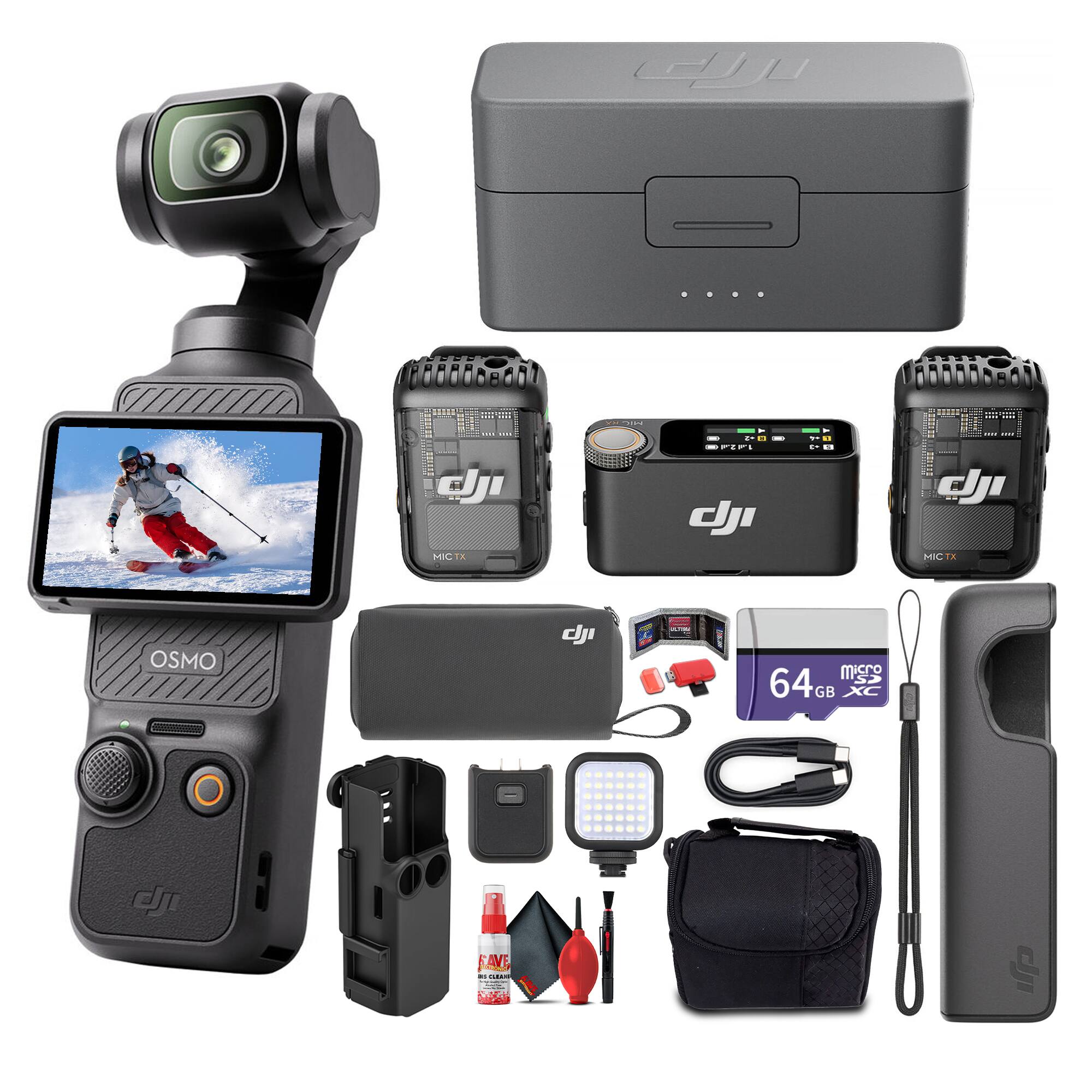 DJI OSMO Action 2 Bundle

- DJI OSMO Action 2 Camera
- 64GB MicroSDXC Card
- Battery Pack
- Charging Cable
- Waterproof Case
- Mounting Accessories
- Remote Controller
- LED Light
- Cleaning Kit
- Carrying Case