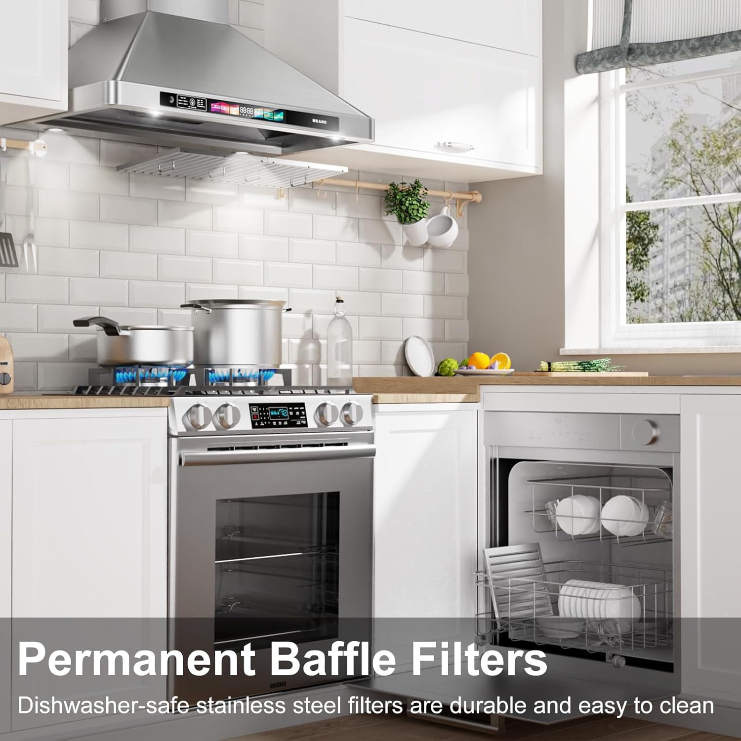 Permanent Baffle Filters  
Dishwasher-safe stainless steel filters are durable and easy to clean