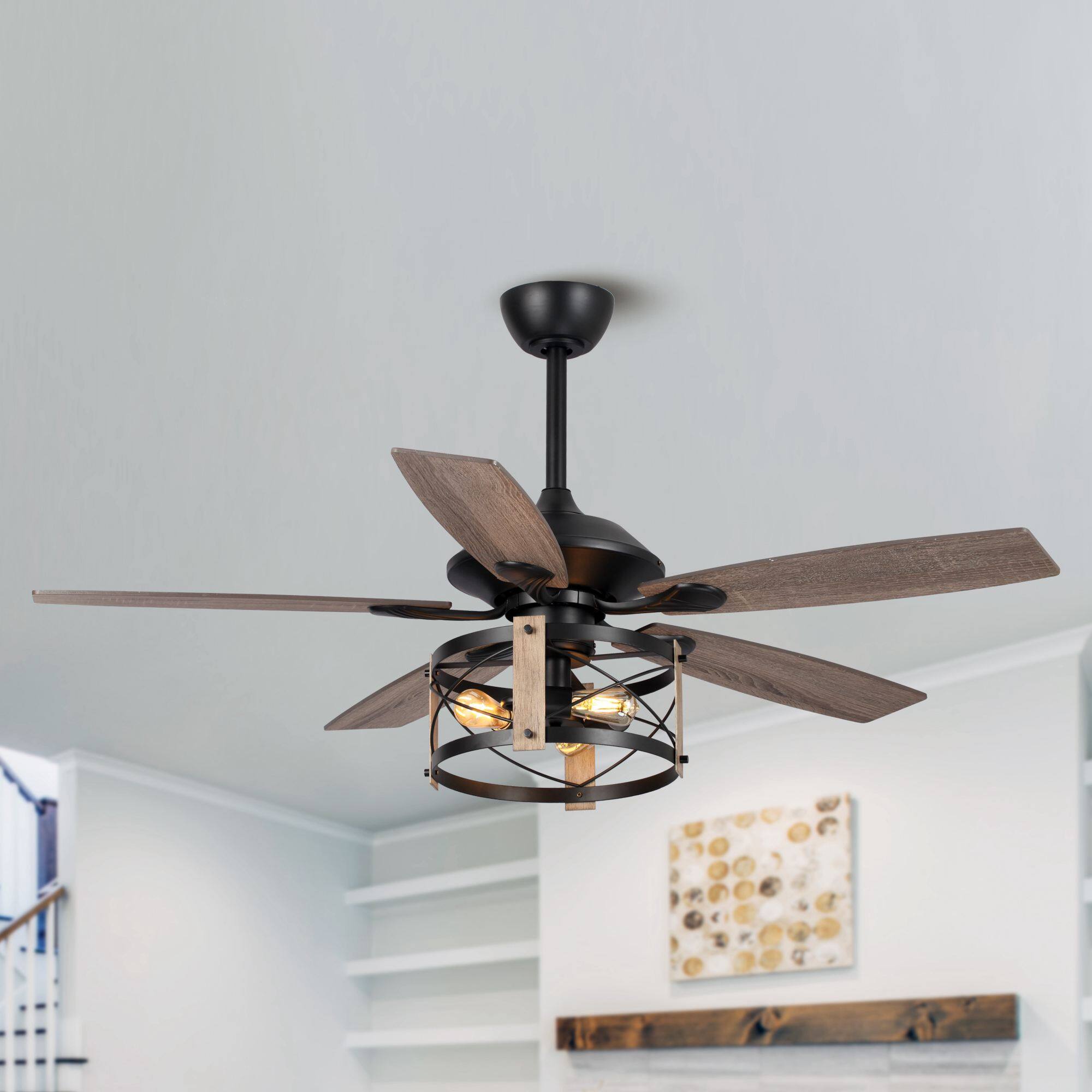 Angle. Parrot Uncle - 52" Walnut Wood 5-Blade Industrial Indoor Ceiling Fan Chandelier with Remote - Black.