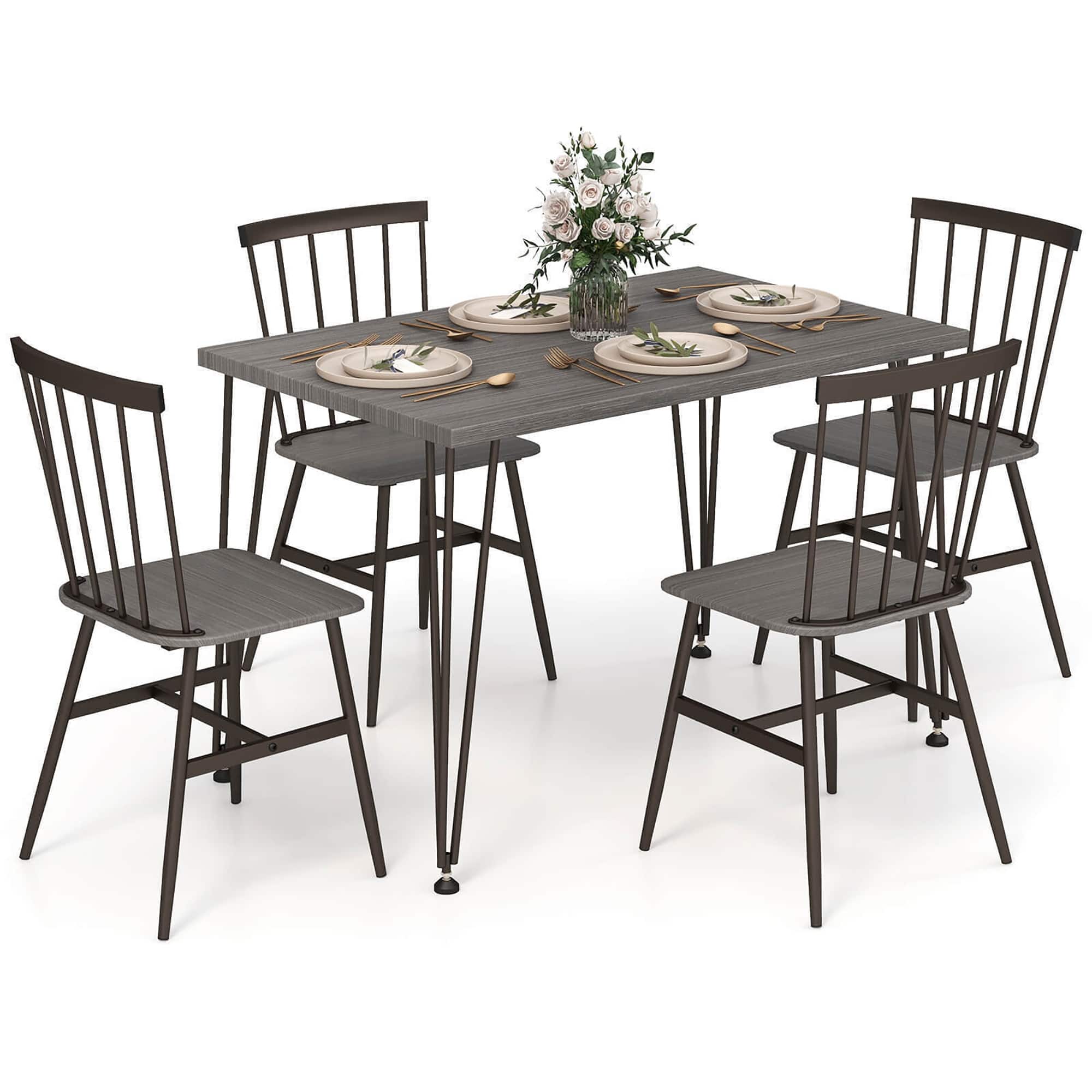 Gymax - 5PCS Dining Table Set for 4 Rectangular Kitchen Table & 4 Chairs w/ Metal Frame - Grey Oak