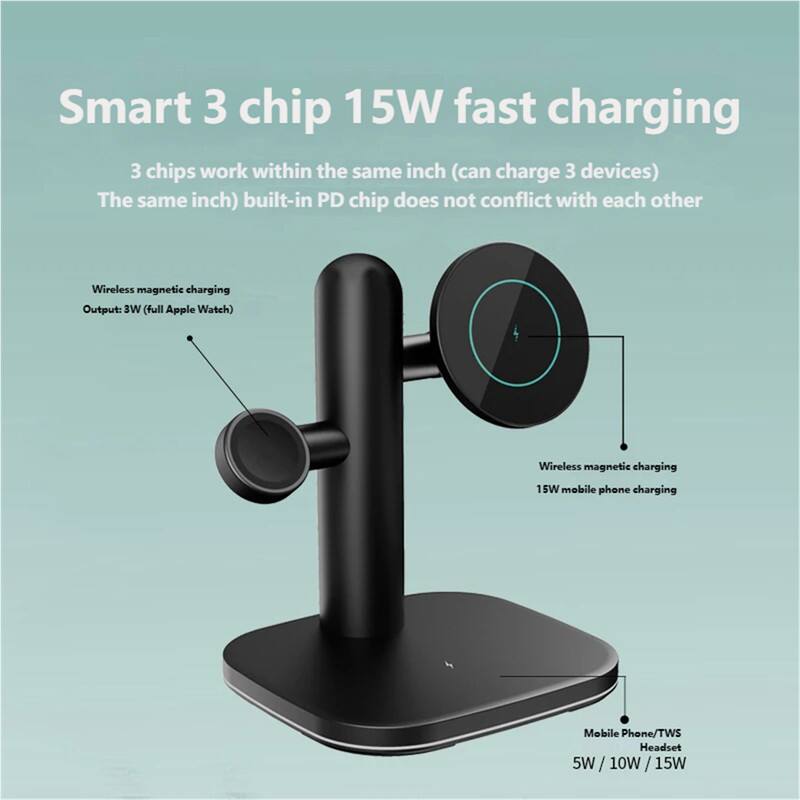 Smart 3 chip 15W fast charging  
3 chips work within the same inch (can charge 3 devices)  
The same inch) built-in PD chip does not conflict with each other  

Wireless magnetic charging  
Output: 3W (full Apple Watch)  

Wireless magnetic charging  
15W mobile phone charging  

Mobile Phone/TWS Headset  
5W / 10W / 15W