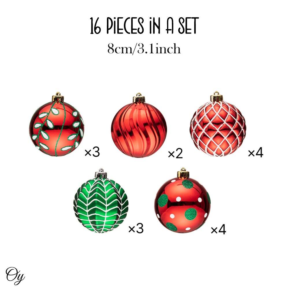 16 PIECES IN A SET  
8cm/3.1 inch  

- Red with green leaves x3  
- Red glossy x2  
- Red netted x4  
- Green with leaves x3  
- Red with green dots x4  

Oy