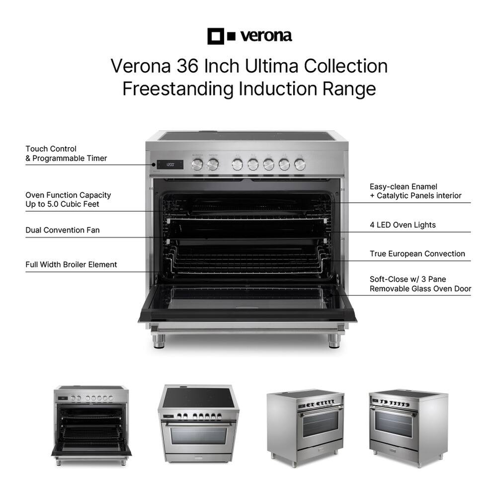 Verona 36 Inch Ultima Collection Freestanding Induction Range Touch Control & Programmable Timer MCO Oven Function Capacity Up to 5.0 Cubic Feet Easy-clean Enamel + Catalytic Panels interior Dual Convention Fan 4 LED Oven Lights Full Width Broiler Element True European Convection Soft-Close w/ 3 Pane Removable Glass Oven Door